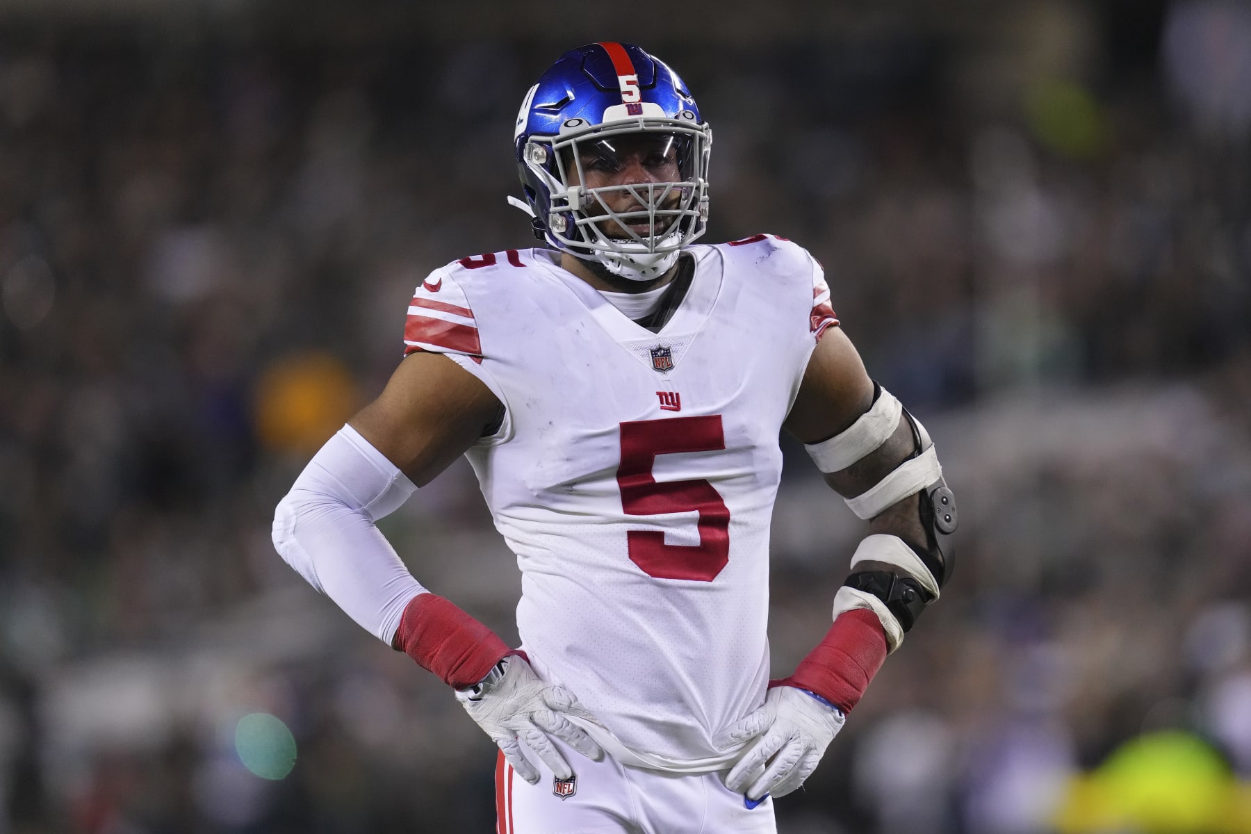 PHILADELPHIA, PA - JANUARY 21: Kayvon Thibodeaux #5 of the New York Giants looks on against the Philadelphia Eagles during the NFC Divisional Playoff game at Lincoln Financial Field on January 21, 2023 in Philadelphia, Pennsylvania. (Photo by Mitchell Leff/Getty Images) PHILADELPHIA, PA - JANUARY 21: Kayvon Thibodeaux #5 of the New York Giants looks on against the Philadelphia Eagles during the NFC Divisional Playoff game at Lincoln Financial Field on January 21, 2023 in Philadelphia, Pennsylvania. (Photo by Mitchell Leff/Getty Images)