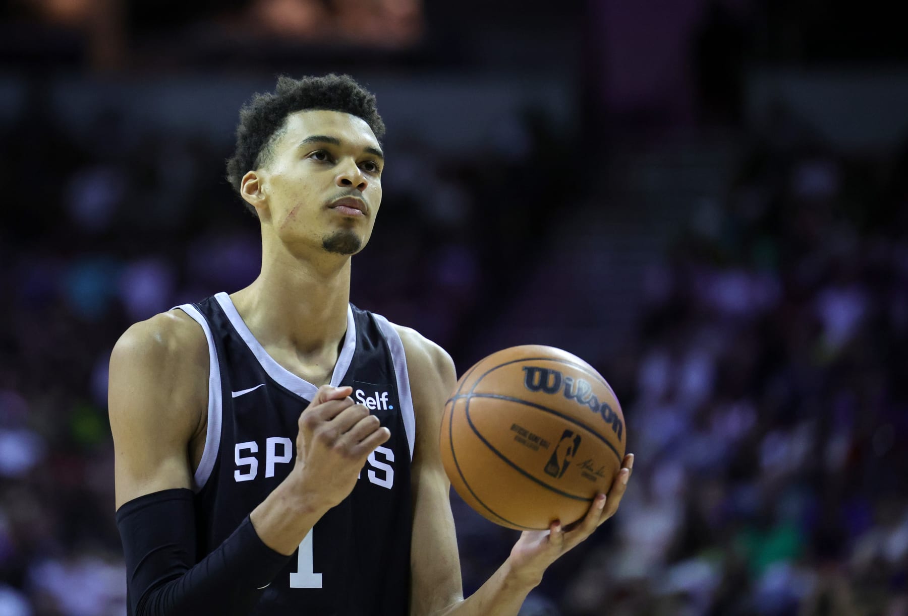 LAS VEGAS, NEVADA - JULY 09: Victor Wembanyama #1 of the San Antonio Spurs shoots a free throw against the Portland Trail Blazers in the second half of a 2023 NBA Summer League game at the Thomas & Mack Center on July 09, 2023 in Las Vegas, Nevada. NOTE TO USER: User expressly acknowledges and agrees that, by downloading and or using this photograph, User is consenting to the terms and conditions of the Getty Images License Agreement. (Photo by Ethan Miller/Getty Images)
