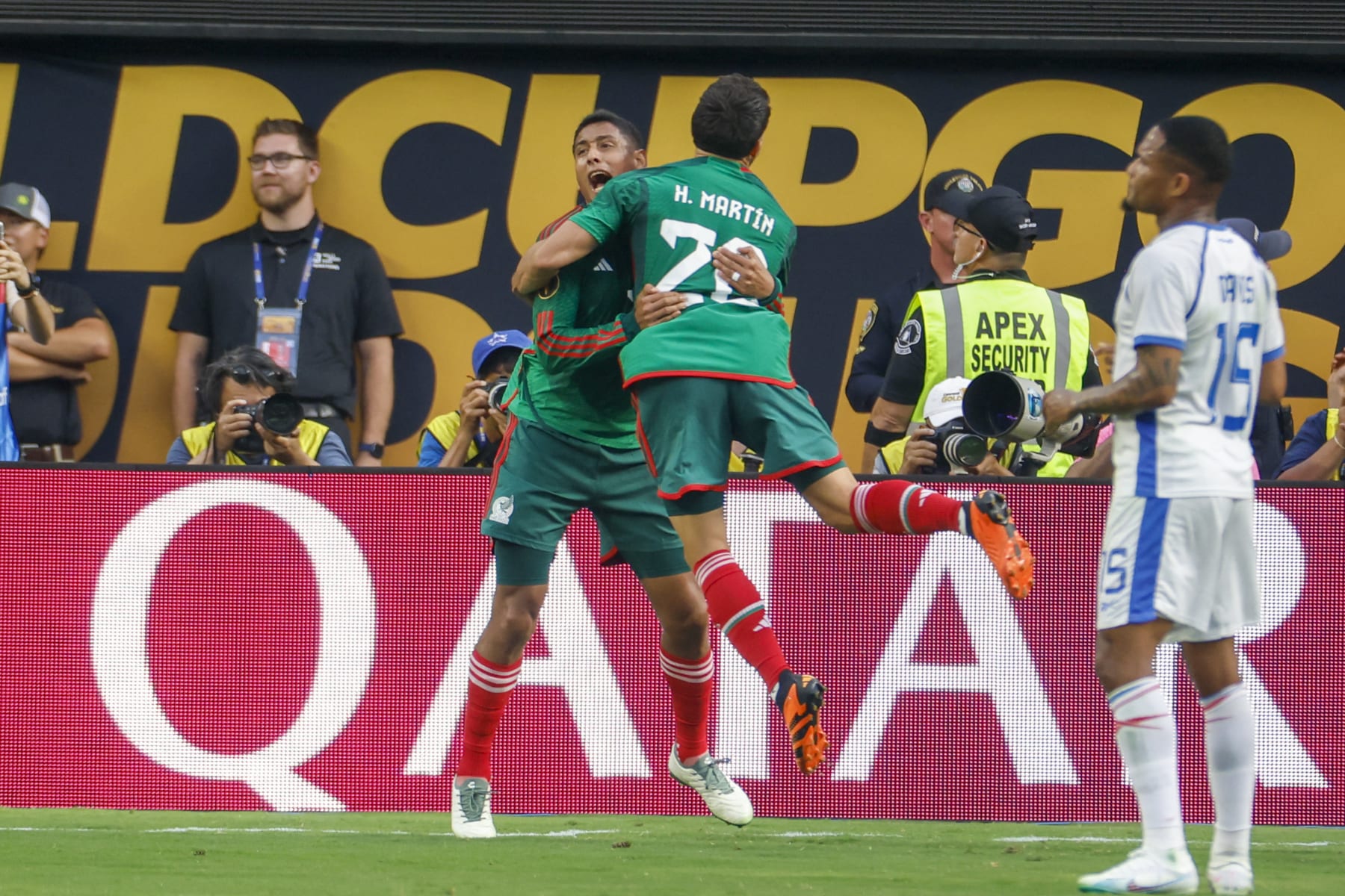 Mexico's forward Henry Martin (C) celebrates scoring a goal which was later disallowed after a VAR review during the Concacaf 2023 Gold Cup final football match between Mexico and Panama at SoFi Stadium in Inglewood, California, on July 16, 2023. (Photo by RINGO CHIU / AFP) (Photo by RINGO CHIU/AFP via Getty Images)