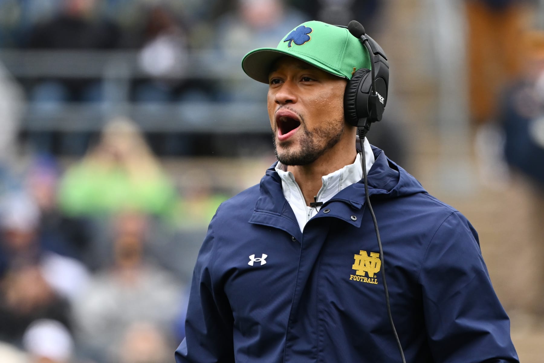 SOUTH BEND, INDIANA - APRIL 22: Head coach Marcus Freeman reacts during the Notre Dame Blue-Gold Spring Football Game at Notre Dame Stadium on April 22, 2023 in South Bend, Indiana. (Photo by Quinn Harris/Getty Images)