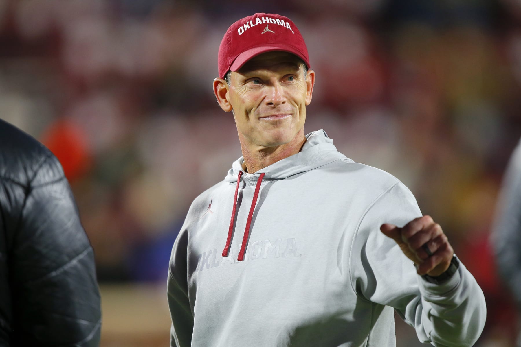 NORMAN, OK - NOVEMBER 19:  Head coach Brent Venables of the Oklahoma Sooners greets visitors before Bedlam against the Oklahoma State Cowboys at Gaylord Family Oklahoma Memorial Stadium on November 19, 2022 in Norman, Oklahoma.  The Sooners won 28-13.  (Photo by Brian Bahr/Getty Images)