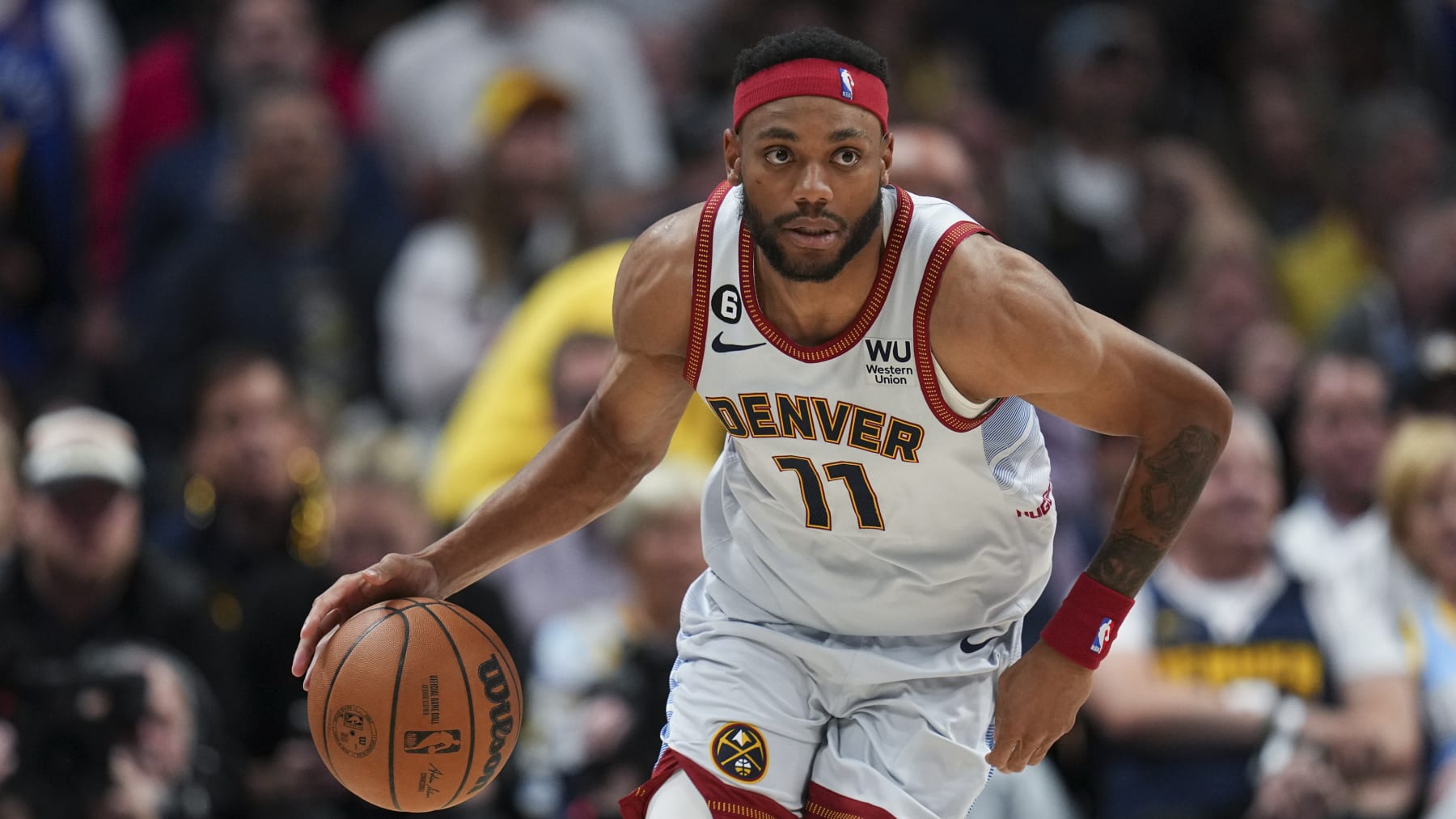 Denver Nuggets forward Bruce Brown against the Miami Heat during the second half of Game 5 of basketball's NBA Finals, Monday, June 12, 2023, in Denver. (AP Photo/Jack Dempsey)