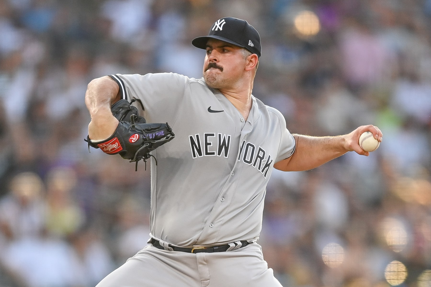 DENVER, CO - JULY 14: Carlos Rodon #55 of the New York Yankees pitches against the Colorado Rockies in the second inning of a game at Coors Field on July 14, 2023 in Denver, Colorado. (Photo by Dustin Bradford/Getty Images)