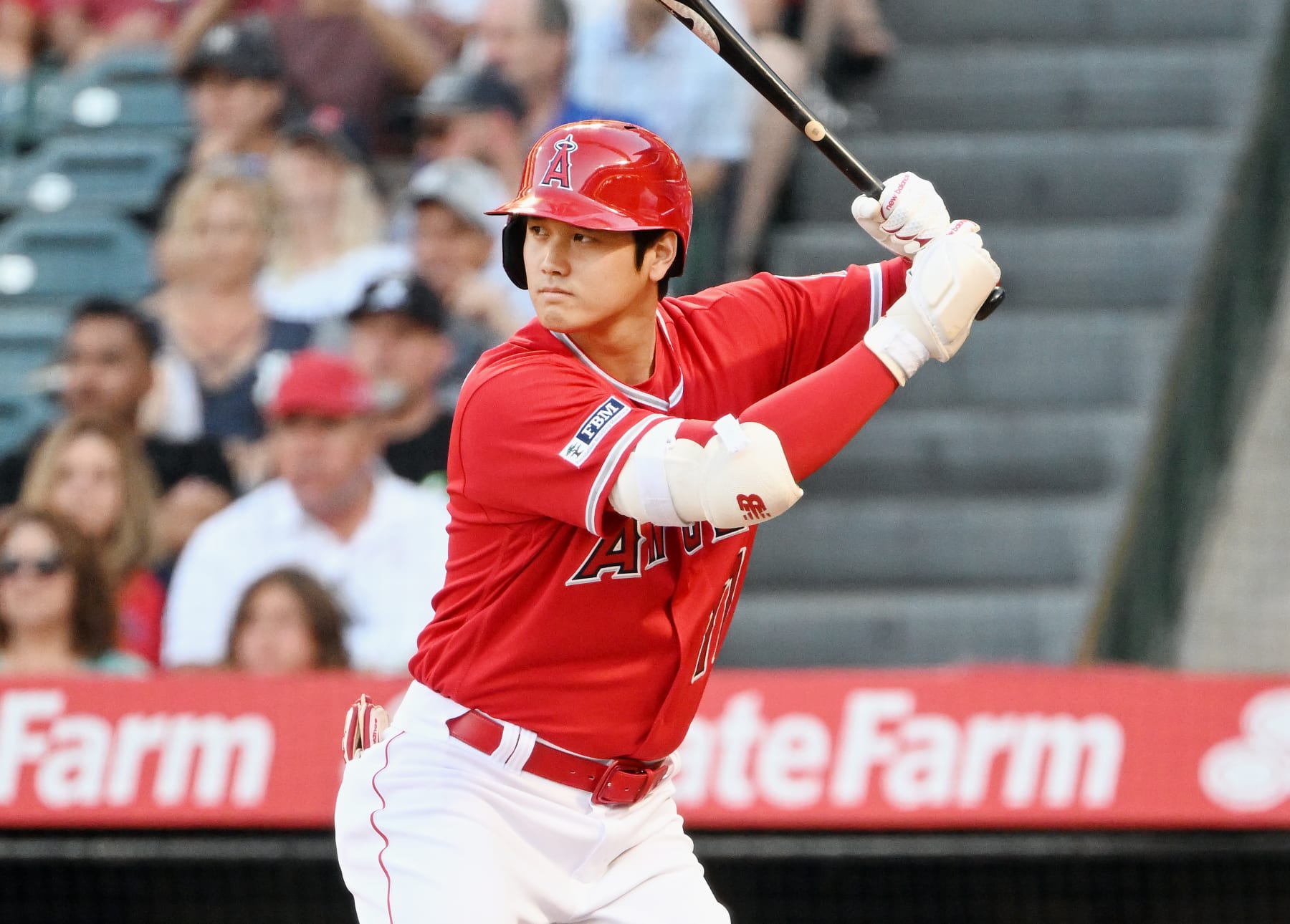 Shohei Ohtani of the Los Angeles Angels stands up to bat during the News  Photo - Getty Images