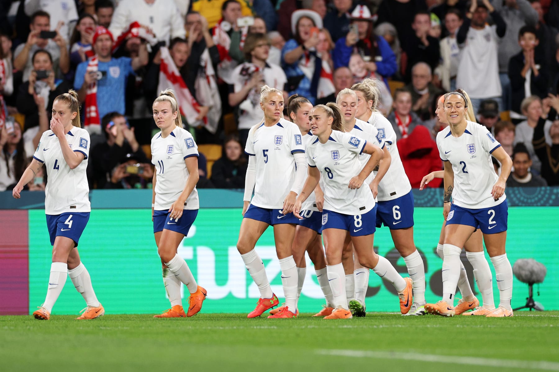 BRISBANE, AUSTRALIA - JULY 22: Georgia Stanway (4th R) of England celebrates with teammate after scoring her team's first goal during the FIFA Women's World Cup Australia & New Zealand 2023 Group D match between England and Haiti at Brisbane Stadium on July 22, 2023 in Brisbane / Meaanjin, Australia. (Photo by Elsa - FIFA/FIFA via Getty Images)