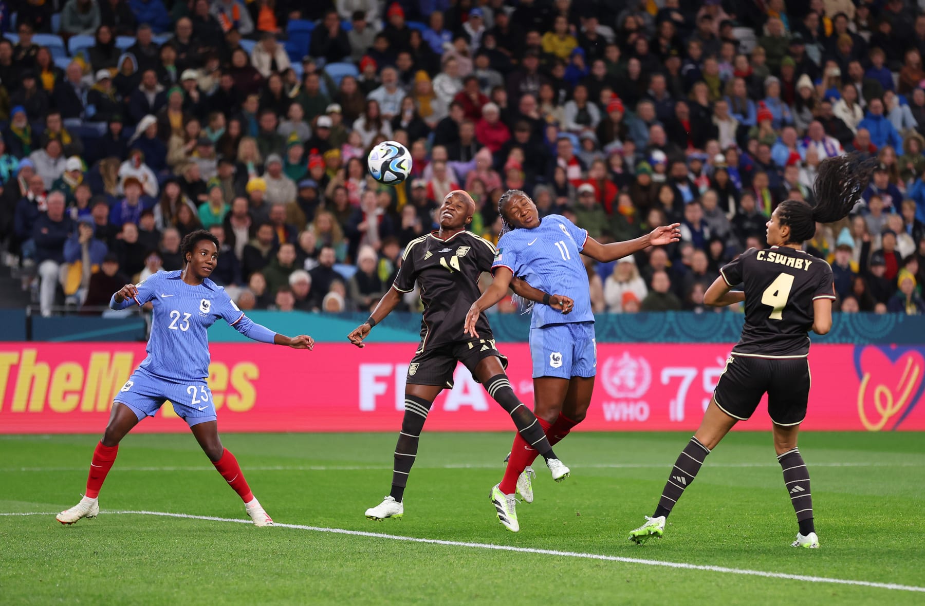 SYDNEY, AUSTRALIA - JULY 23: Kadidiatou Diani of France and Deneisha Blackwood of Jamaica compete for the ball during the FIFA Women's World Cup Australia & New Zealand 2023 Group F match between France and Jamaica at Sydney Football Stadium on July 23, 2023 in Sydney, Australia. (Photo by Cameron Spencer/Getty Images)