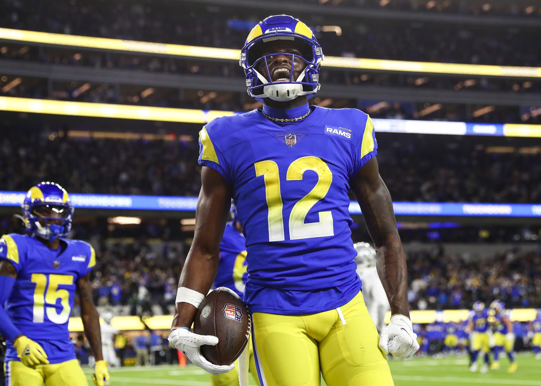 INGLEWOOD, CA - DECEMBER 8: Van Jefferson #12 of the Los Angeles Rams celebrates after scoring a touchdown during the fourth quarter of an NFL football game against the Las Vegas Raiders at SoFi Stadium on December 8, 2022 in Inglewood, California. (Photo by Kevin Sabitus/Getty Images)