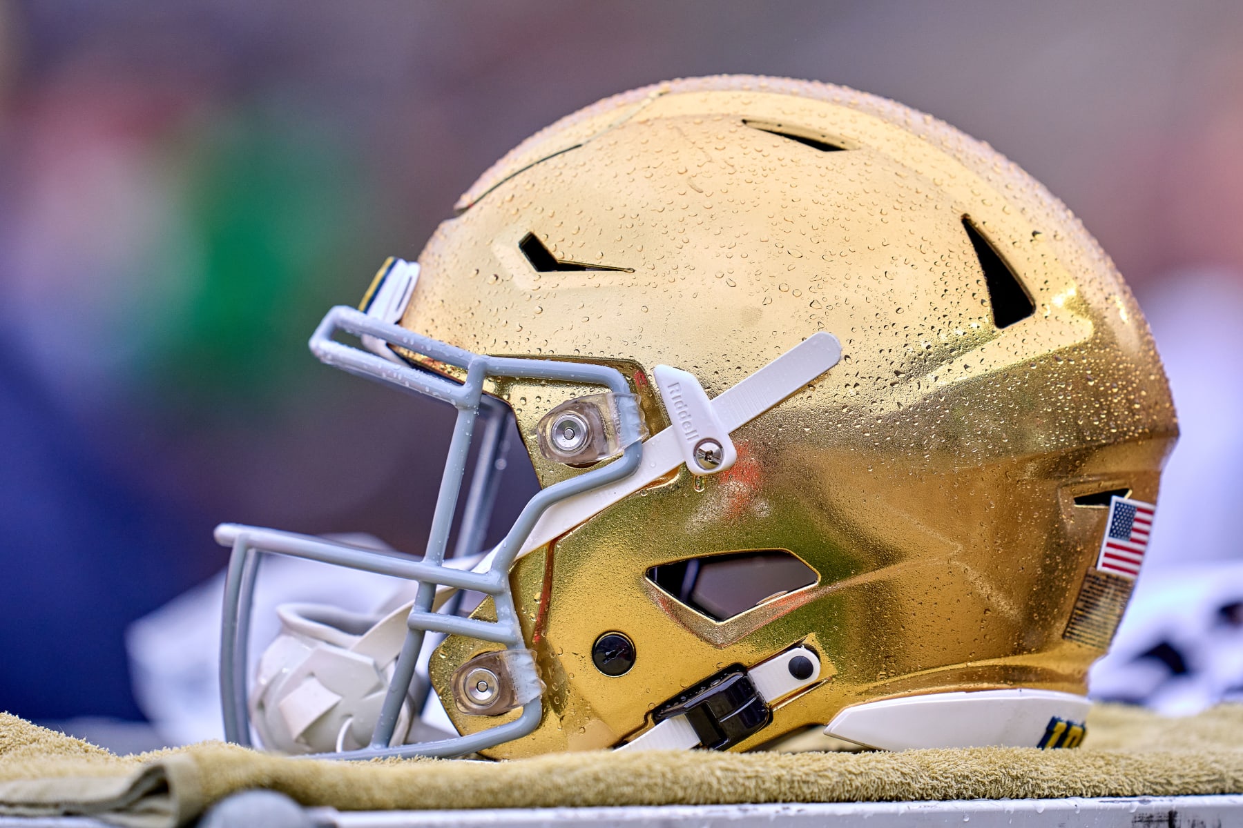 SOUTH BEND, INDIANA - APRIL 22: A detail view of Notre Dame Fighting Irish helmet is seen during the Notre Dame Blue-Gold Spring Football Game at Notre Dame Stadium on April 22, 2023 in South Bend, Indiana. (Photo by Robin Alam/Icon Sportswire via Getty Images)