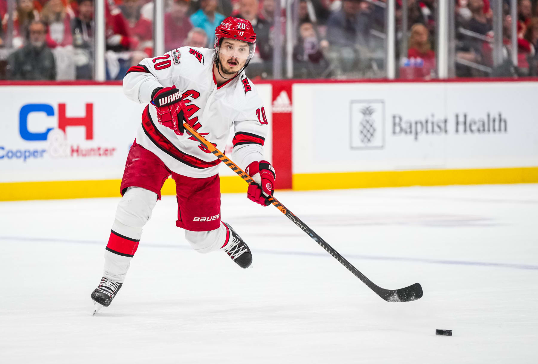 SUNRISE, FLORIDA - MAY 24: Sebastian Aho #20 of the Carolina Hurricanes skates during the first period against the Florida Panthers in Game Four of the Eastern Conference Final of the 2023 Stanley Cup Playoffs at FLA Live Arena on May 24, 2023 in Sunrise, Florida. (Photo by Josh Lavallee/NHLI via Getty Images)