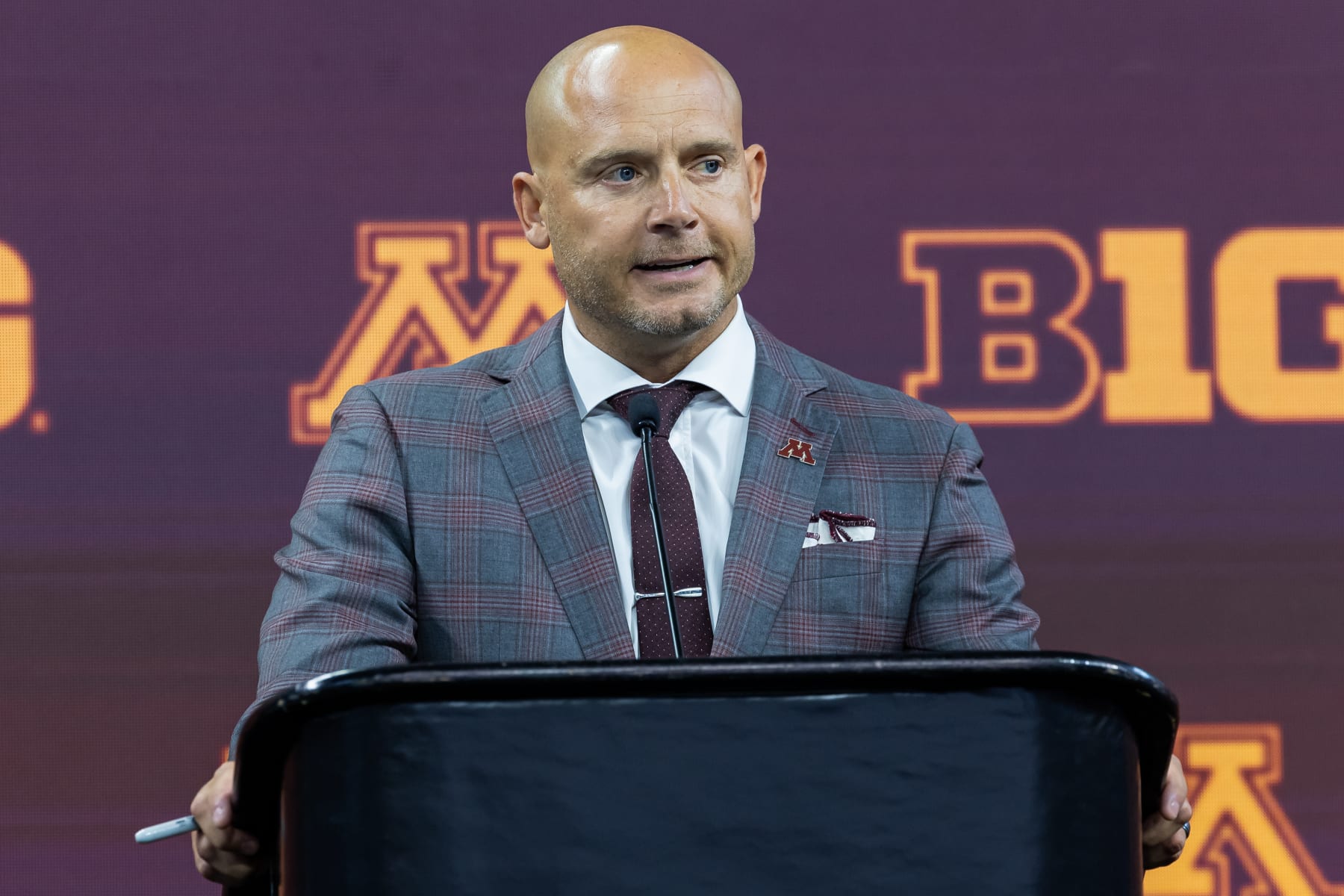 INDIANAPOLIS, INDIANA - JULY 27: Head coach P.J. Fleck of the Minnesota Golden Gophers speaks at Big Ten football media days at Lucas Oil Stadium on July 27, 2023 in Indianapolis, Indiana. (Photo by Michael Hickey/Getty Images)