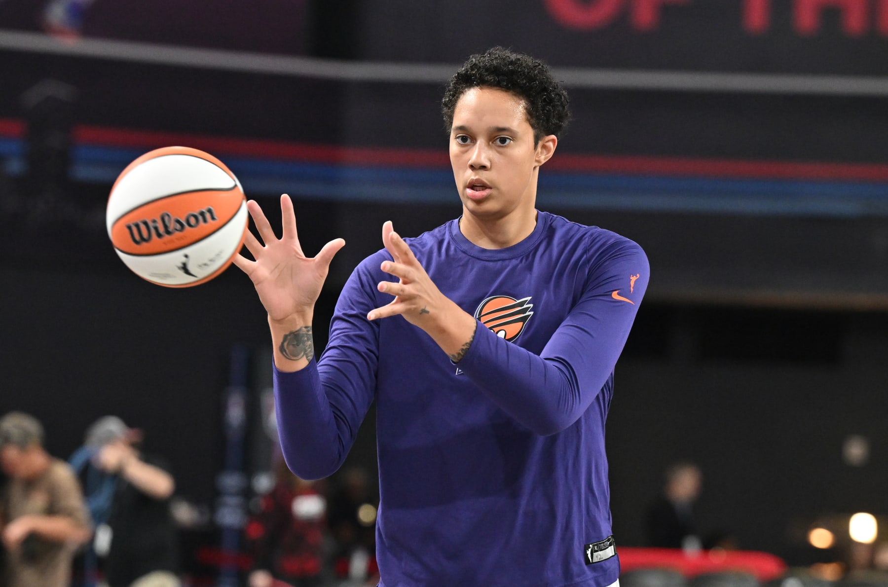 COLLEGE PARK, GEORGIA - JULY 25:  Brittney Griner #42 of the Phoenix Mercury warms up before the game against the Atlanta Dream at Gateway Center Arena on July 25, 2023 in College Park, Georgia. NOTE TO USER: User expressly acknowledges and agrees that, by downloading and or using this photograph, User is consenting to the terms and conditions of the Getty Images License Agreement.  (Photo by Paras Griffin/Getty Images)