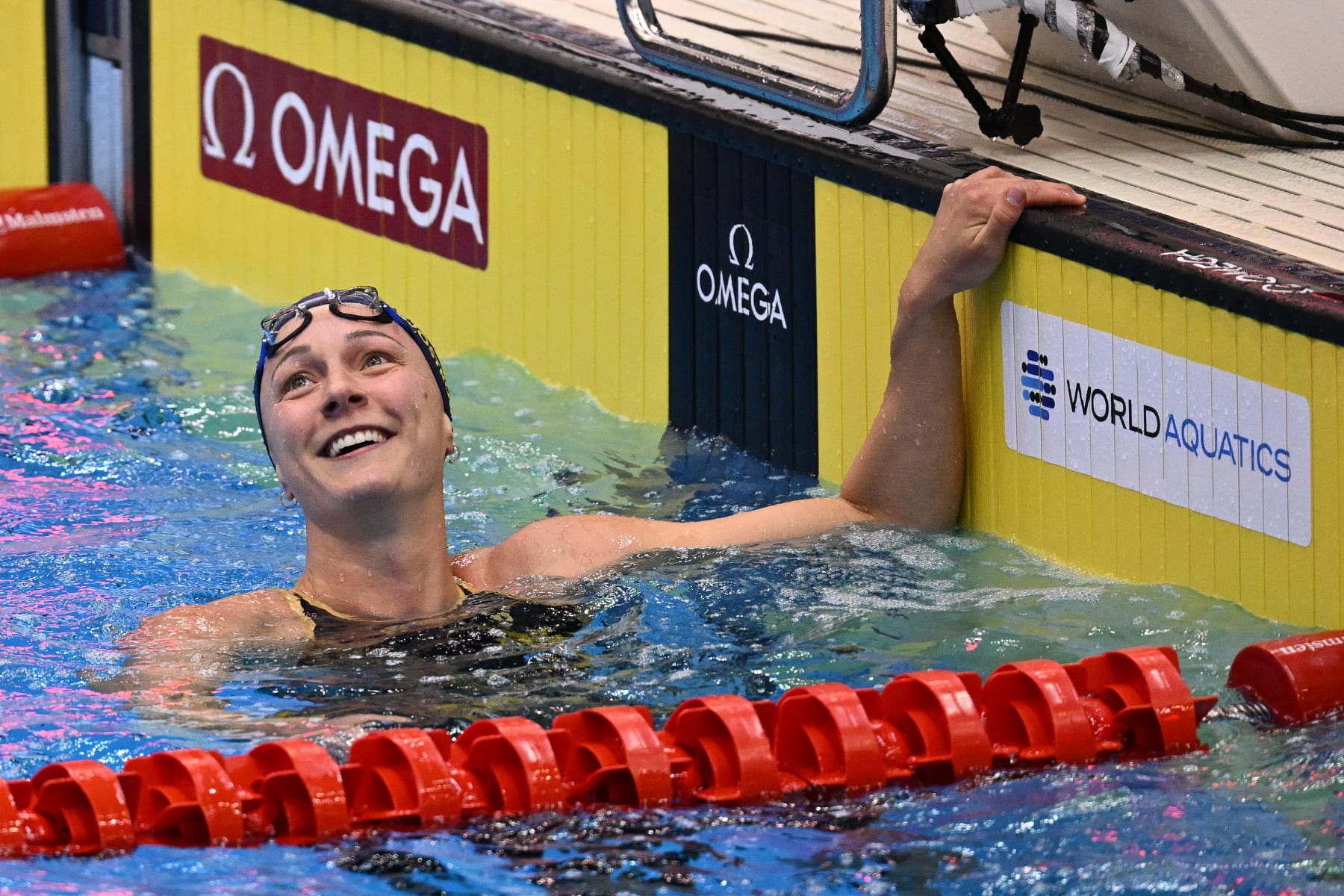 FUKUOKA, JAPAN - JULY 30: Sarah Sjoestroem of Team Sweden celebrates winning gold in the Women's 50m Freestyle Final on day eight of the Fukuoka 2023 World Aquatics Championships at Marine Messe Fukuoka Hall A on July 30, 2023 in Fukuoka, Japan. (Photo by Quinn Rooney/Getty Images)