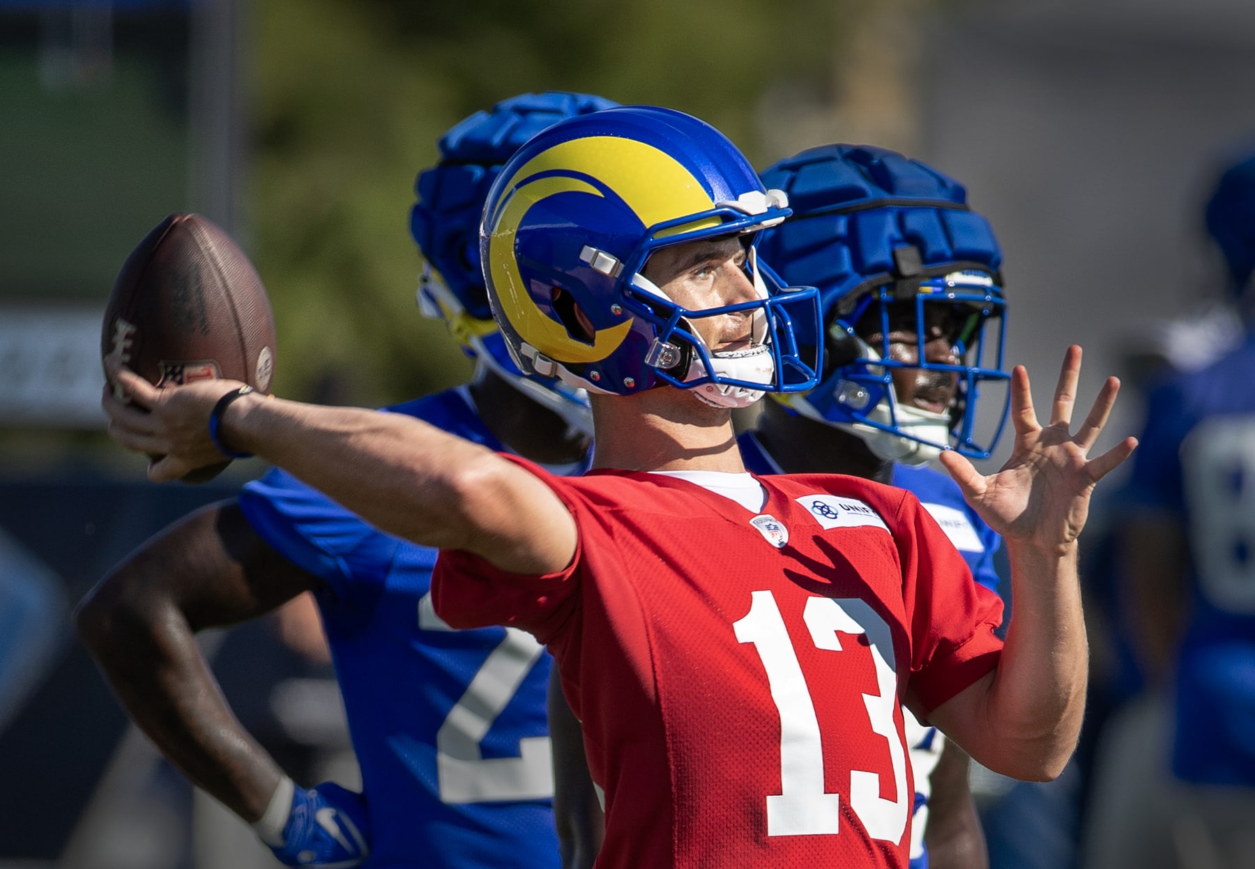 Irvine, CA - July 27:  Rams quarterback Stetson Bennett passes the ball during Rams training camp at UCI in Irvine Thursday, July 27, 2023.  (Allen J. Schaben / Los Angeles Times via Getty Images)
