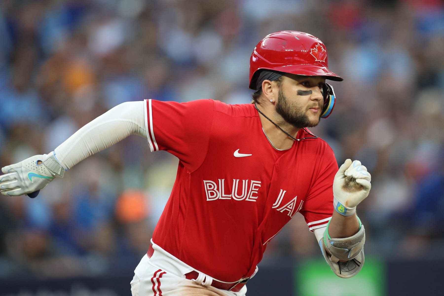 TORONTO-Toronto Blue Jays Bo Bichette runs to first just before he leaves the game after a strain in the fourth Inning in Toronto on Monday against the Orioles. (R.J.Johnston/Toronto Star) (R.J. Johnston Toronto Star/Toronto Star via Getty Images)