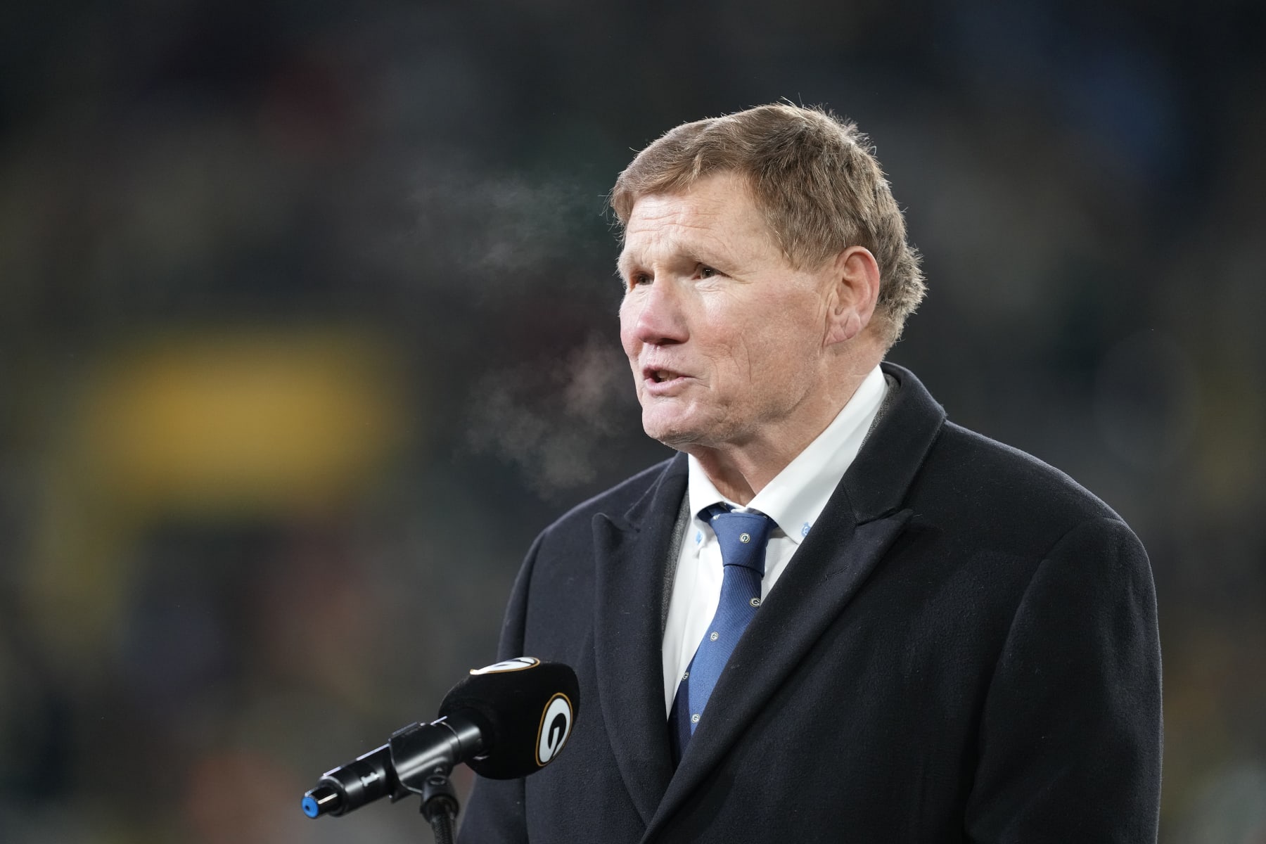 GREEN BAY, WISCONSIN - NOVEMBER 17: President Mark Murphy of the Green Bay Packers speaks during halftime in the game between the Tennessee Titans and the Green Bay Packers at Lambeau Field on November 17, 2022 in Green Bay, Wisconsin. (Photo by Patrick McDermott/Getty Images)