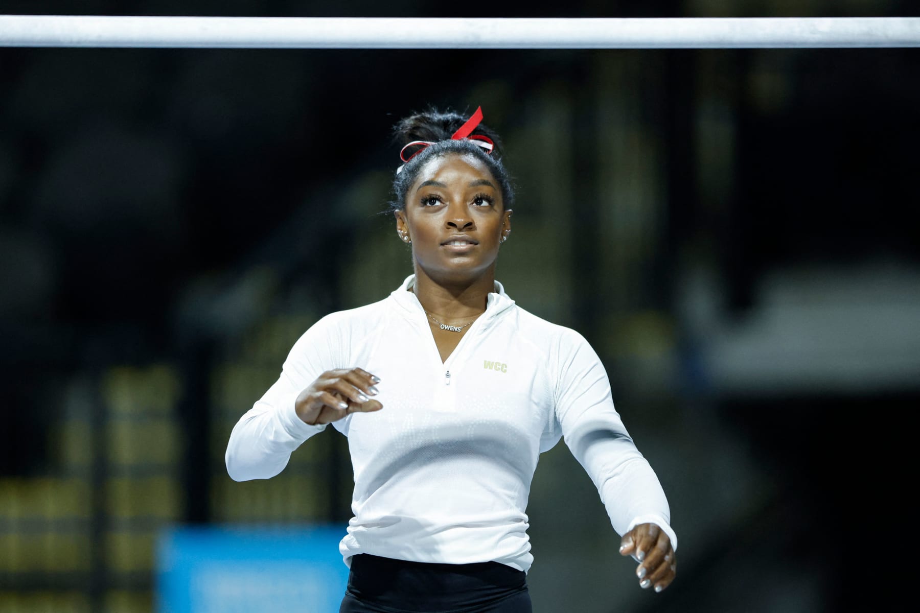 USA's Simone Biles warms up while training for the 39th edition of the US Classic gymnastics competition at Now Arena in the Hoffman Estates suburb of Chicago, Illinois, on August 4, 2023. The competition is scheduled for August 4 and 5. (Photo by KAMIL KRZACZYNSKI / AFP) (Photo by KAMIL KRZACZYNSKI/AFP via Getty Images)