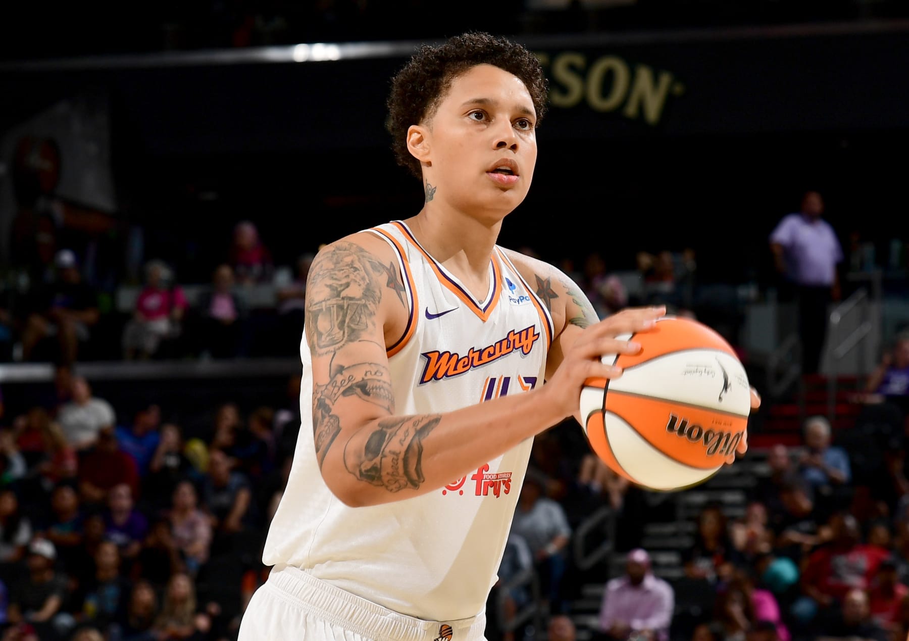 PHOENIX, AZ - AUGUST 5: Brittney Griner #42 of the Phoenix Mercury shoots a free throw during the game against the Seattle Storm on August 5, 2023 at Footprint Center in Phoenix, Arizona. NOTE TO USER: User expressly acknowledges and agrees that, by downloading and or using this photograph, user is consenting to the terms and conditions of the Getty Images License Agreement. Mandatory Copyright Notice: Copyright 2023 NBAE (Photo by Kate Frese/NBAE via Getty Images)