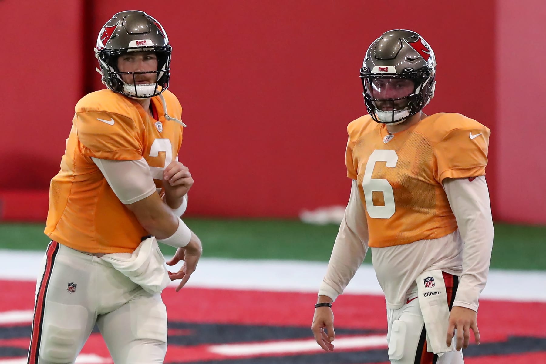 August 28, 2021: Tampa Bay Buccaneers quarterback Kyle Trask (2) looks on  as starting quarterback Tom Brady runs the Buccaneers offense during an NFL  preseason game between the Houston Texans and the