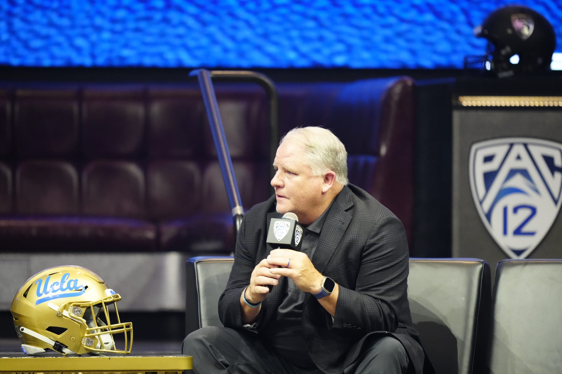 LAS VEGAS, NEVADA - JULY 21: Head Coach Chip Kelly of UCLA speaks with the media at Zouk Nightclub at Resorts World Las Vegas on July 21, 2023 in Las Vegas, Nevada. (Photo by Louis Grasse/Getty Images)