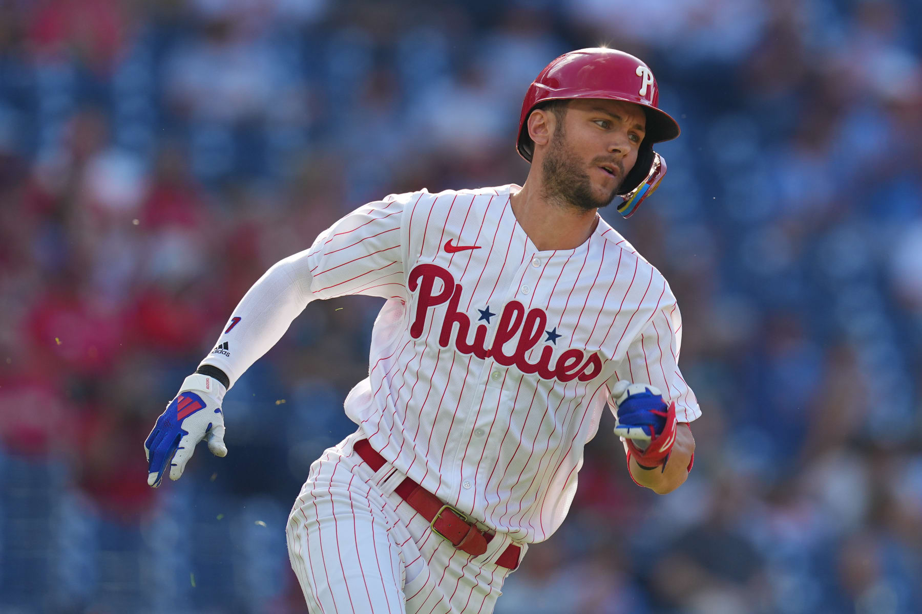 PHILADELPHIA, PENNSYLVANIA - AUGUST 8: Trea Turner #7 of the Philadelphia Phillies runs to first against the Washington Nationals during Game One of the doubleheader at Citizens Bank Park on August 8, 2023 in Philadelphia, Pennsylvania. The Phillies defeated the Nationals 8-4. (Photo by Mitchell Leff/Getty Images)