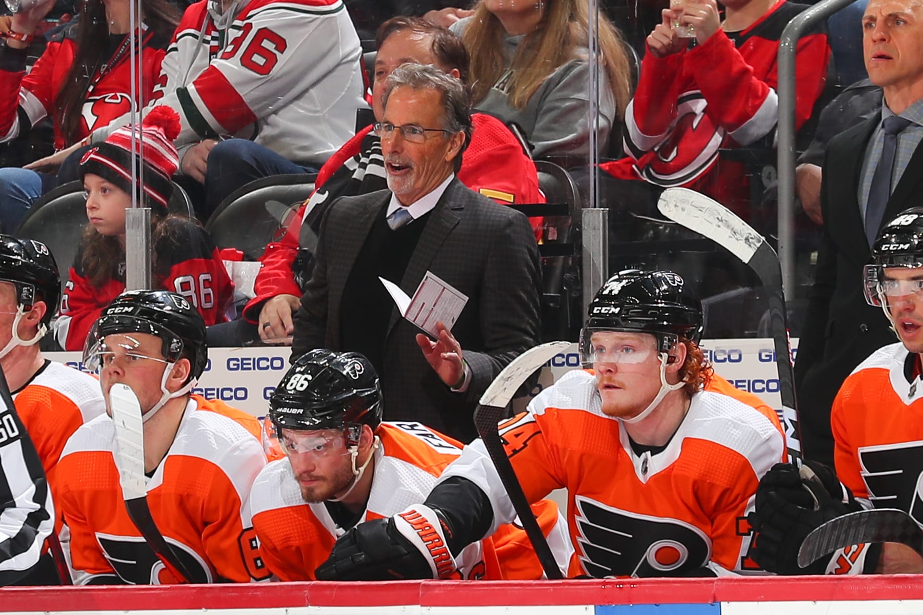 NEWARK, NJ - FEBRUARY 25: John Tortorella Head Coach of the Philadelphia Flyers behind the bench during the game against the New Jersey Devils on February 25, 2023 at the Prudential Center in Newark, New Jersey. (Photo by Rich Graessle/NHLI via Getty Images)