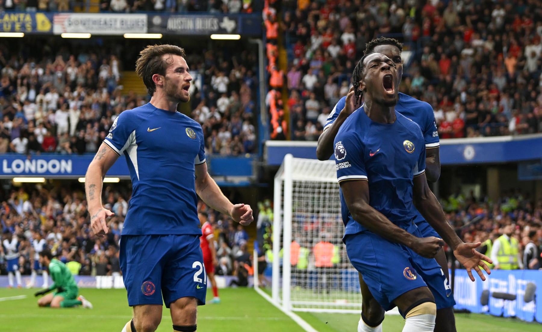 LONDON, ENGLAND - AUGUST 13: Axel Disasi of Chelsea celebrates after scoring the team's first goal during the Premier League match between Chelsea FC and Liverpool FC at Stamford Bridge on August 13, 2023 in London, England. (Photo by Shaun Botterill/Getty Images)