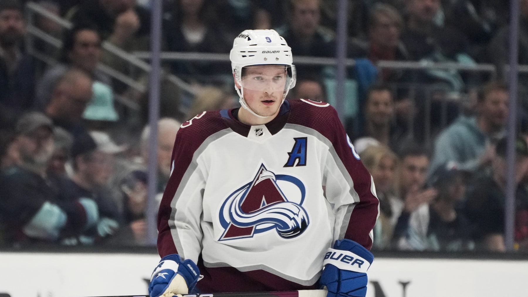 Colorado Avalanche defenseman Cale Makar (8) looks on against the Seattle Kraken during the second period of Game 6 of an NHL hockey Stanley Cup first-round playoff series Friday, April 28, 2023, in Seattle. (AP Photo/Lindsey Wasson)