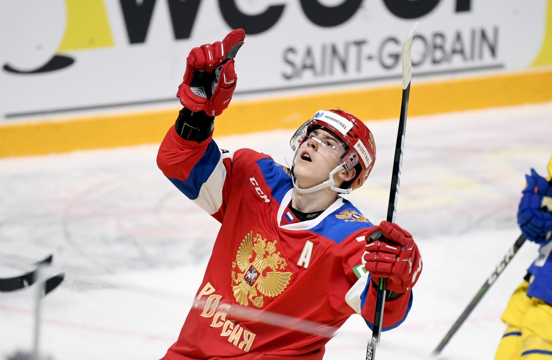 Russia's Rodion Amirov celebrates a goal during the Ice Hockey Karjala Tournament as part of the Euro Hockey Tour (EHT) season match between Sweden and Russia in Helsinki, Finland, on November 7, 2020. (Photo by Vesa Moilanen / Lehtikuva / AFP) / Finland OUT (Photo by VESA MOILANEN/Lehtikuva/AFP via Getty Images)