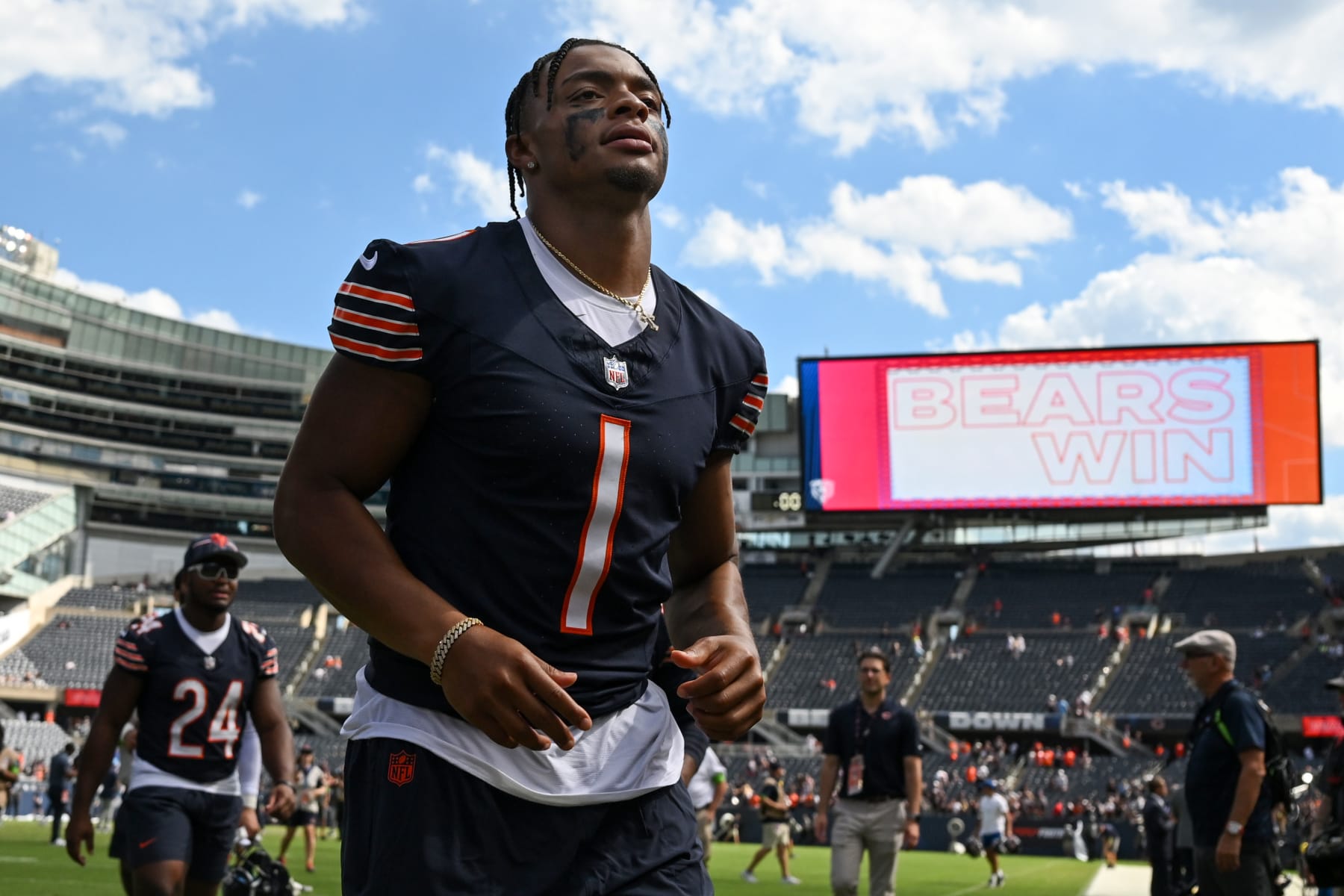 October 13, 2022: Chicago, Illinois, U.S. - Chicago Bears Quarterback #1  Justin Fields runs with the ball during the game between the Washington  Commanders and the Chicago Bears at Soldier Field in