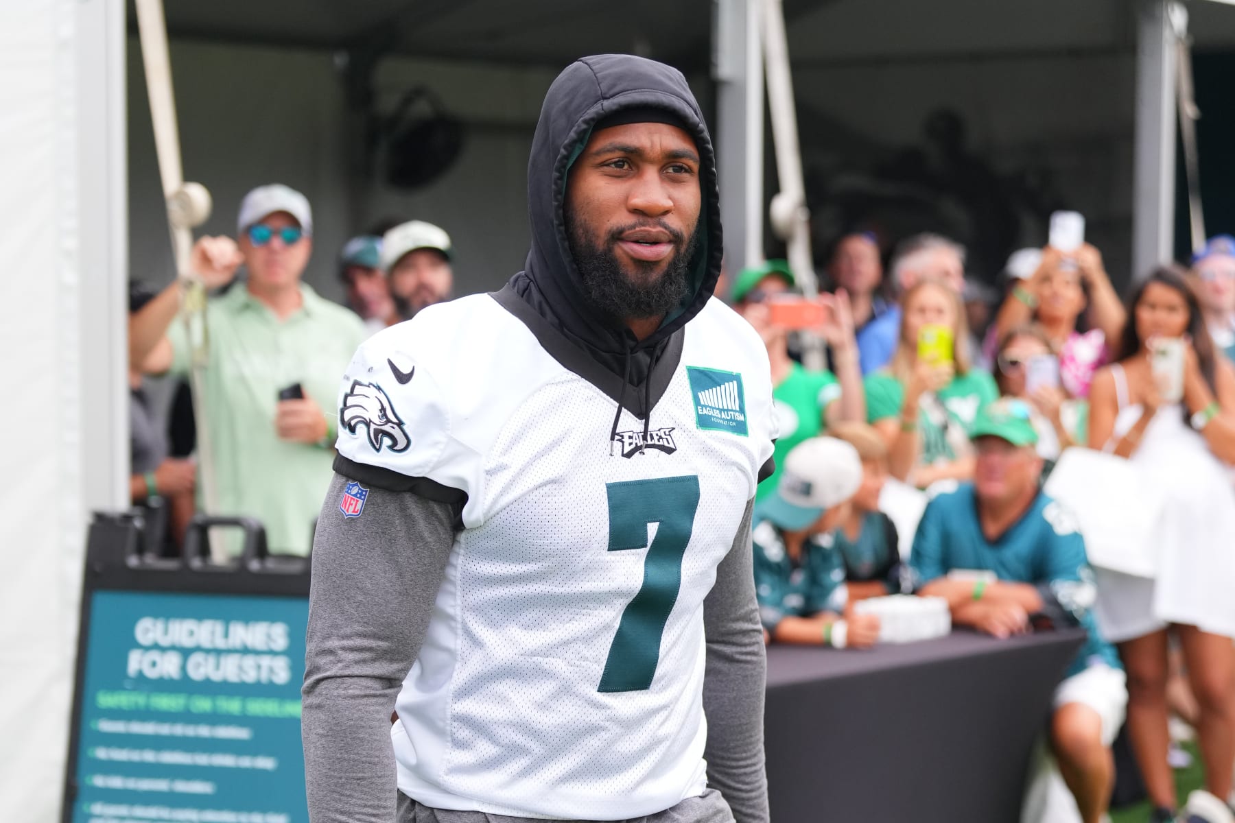 PHILADELPHIA, PENNSYLVANIA - AUGUST 10: Haason Reddick #7 of the Philadelphia Eagles walks onto the field during Training Camp at the NovaCare Complex on August 10, 2023 in Philadelphia, Pennsylvania. (Photo by Mitchell Leff/Getty Images)