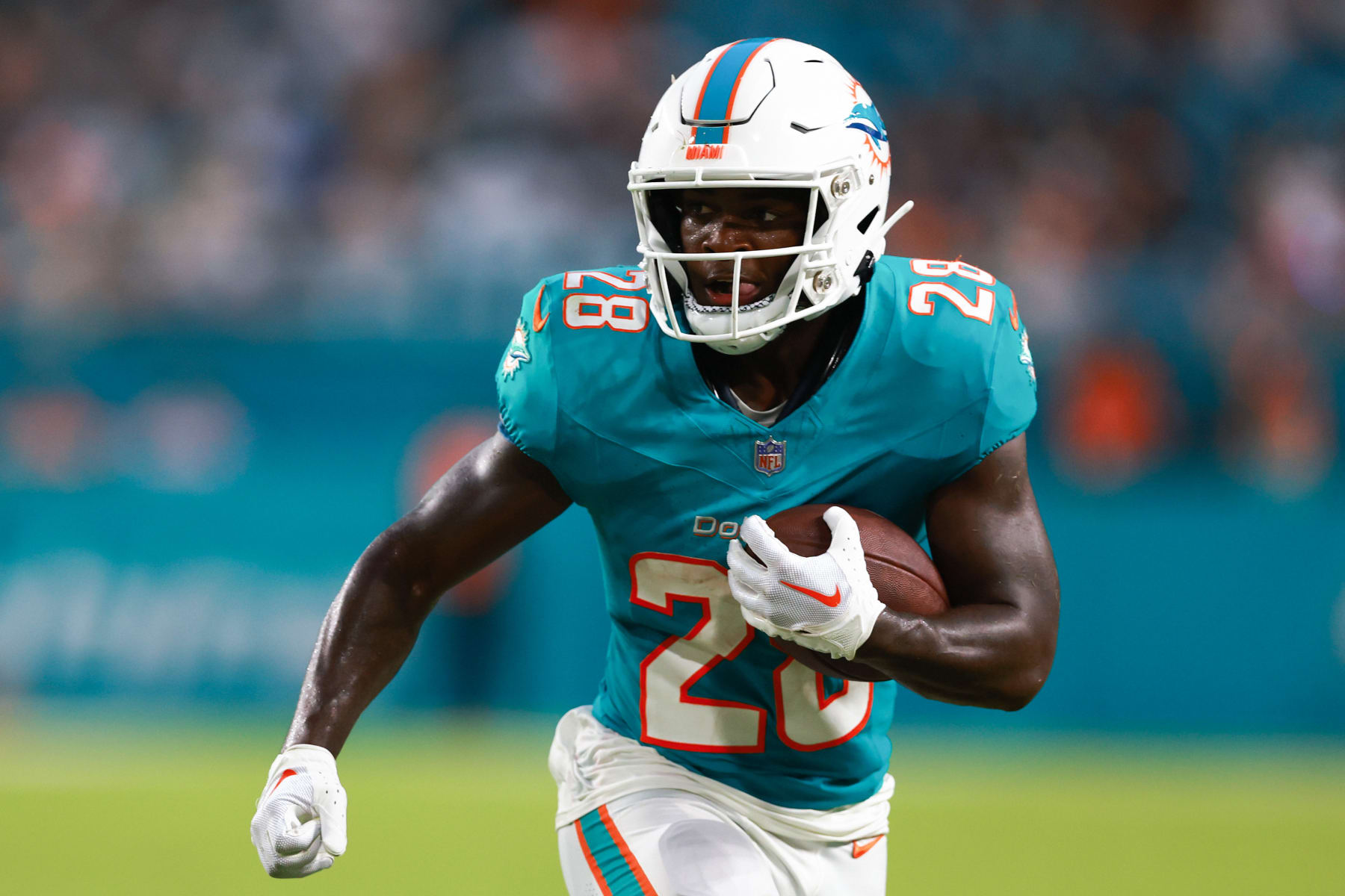 Miami Dolphins offensive tackle Robert Hunt (68) yells on the sidelines  during the second half of a NFL preseason football game against the Atlanta  Falcons, Saturday, Aug. 21, 2021, in Miami Gardens