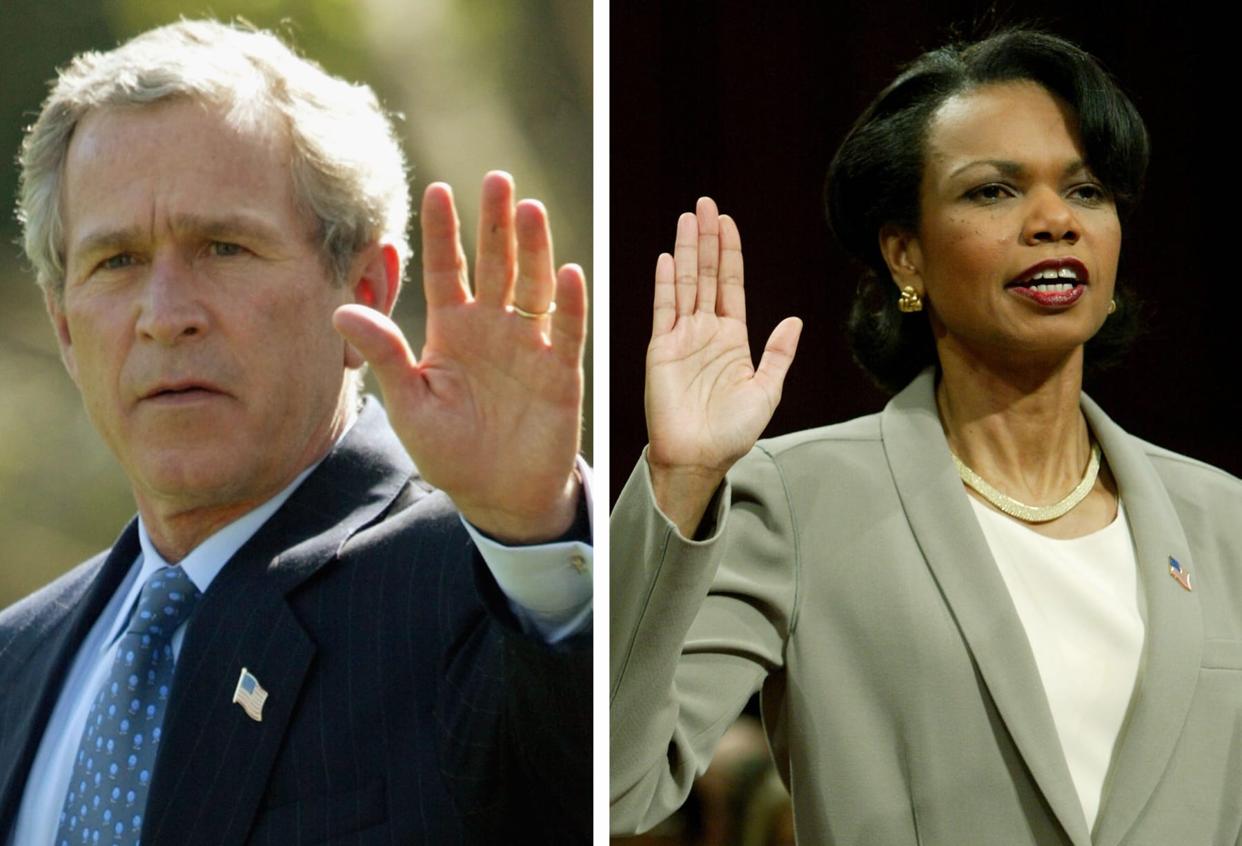 (FILE PHOTO) In this composite image a comparison has been made between former US President George W. Bush and his serving Secretary of State Condoleezza Rice.  ***LEFT IMAGE***  WASHINGTON - APRIL 16:  U.S. President George W. Bush waves as he walks towards Marine One April 16, 2004 at the South Lawn of the White House in Washington, DC. Bush will spend his weekend at Camp David.  (Photo by Alex Wong/Getty Images) ***RIGHT IMAGE*** WASHINGTON - APRIL 8:  U.S. National Security Adviser Condoleezza Rice is sworn in before testifying at the National Commission on Terrorist Attacks on the United States, on Capitol Hill April 8, 2004 in Washington, DC. Rice is defending the Bush administration's anti-terror policy to the panel investigating what happened before the September 11, 2001 terrorist attacks.  (Photo by Alex Wong/Getty Images)
