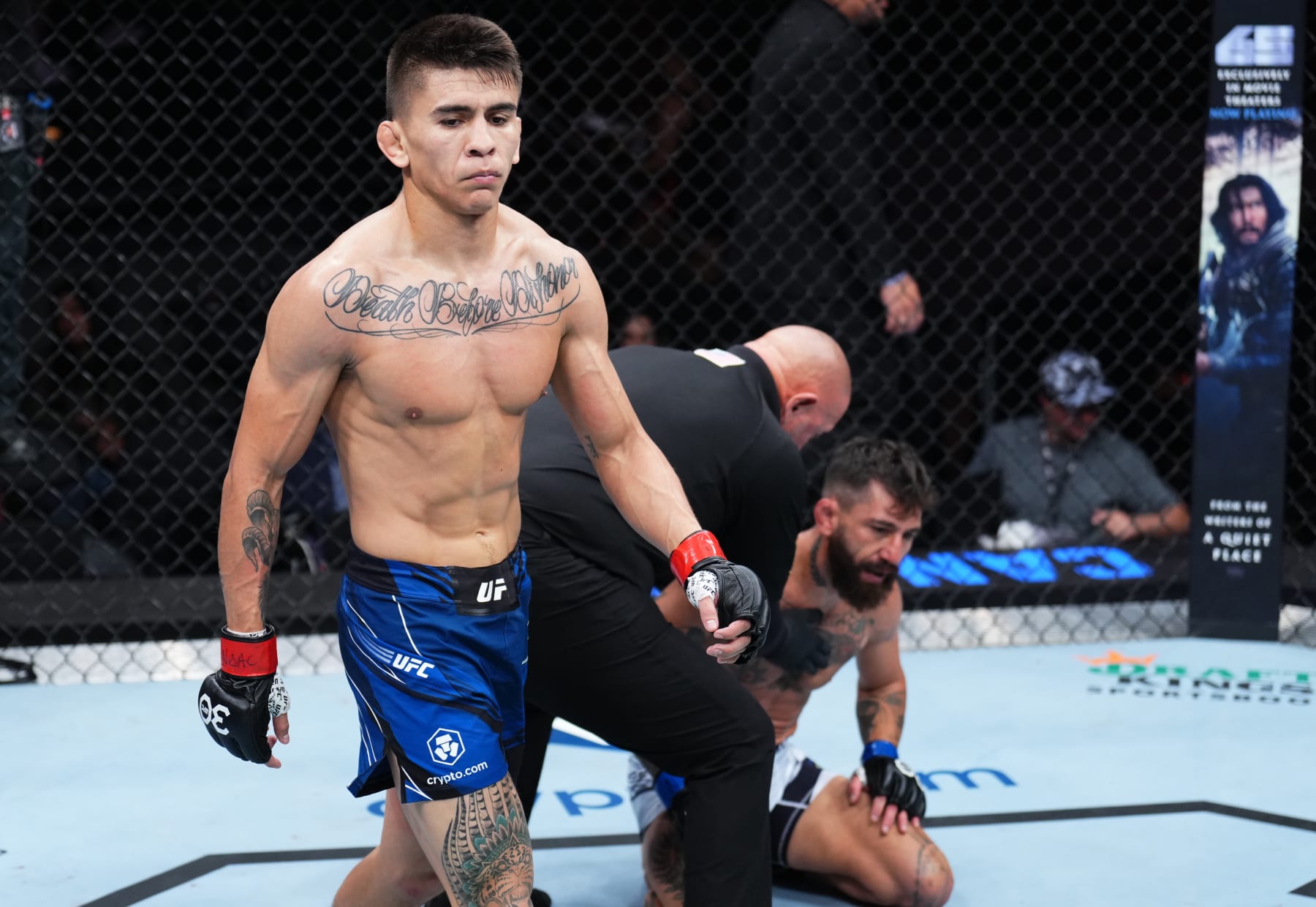 LAS VEGAS, NEVADA - MARCH 11: Mario Bautista reacts after his victory over Guido Cannetti of Argentina in a bantamweight fight during the UFC Fight Night event at The Theater at Virgin Hotels Las Vegas on March 11, 2023 in Las Vegas, Nevada. (Photo by Chris Unger/Zuffa LLC via Getty Images)