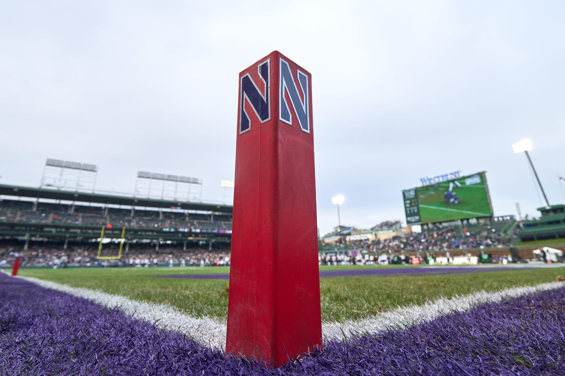 CHICAGO, IL - NOVEMBER 20: A general view of Wrigley Field with a Northwestern Wildcats logo on a pylon is seen during a game between the Northwestern Wildcats and the Purdue Boilermakers on November 20, 2021 at Wrigley Field in Chicago, IL. (Photo by Robin Alam/Icon Sportswire via Getty Images)