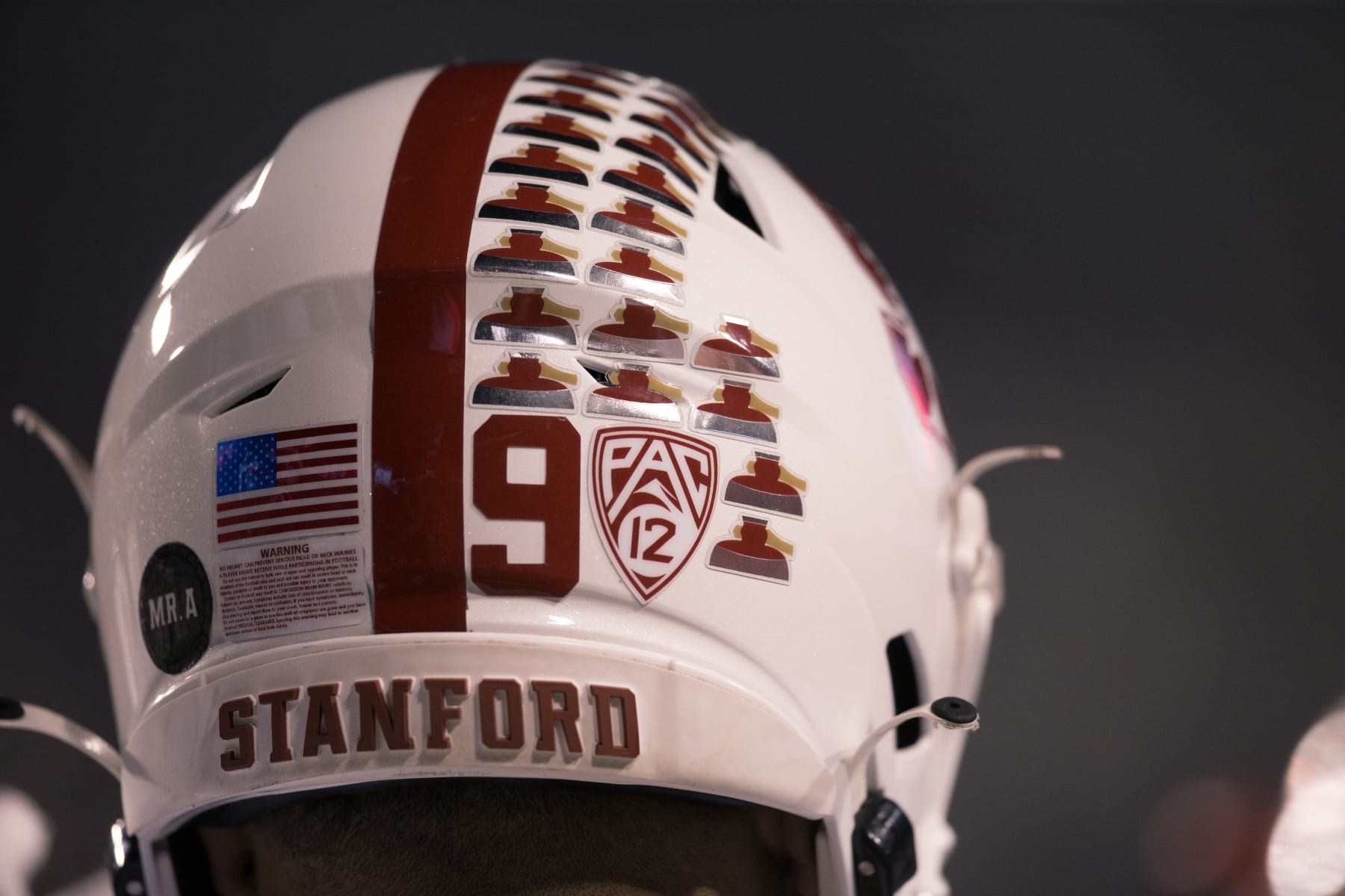 SALT LAKE CITY UT - NOVEMBER 12: Tristan Sinclair #9 of the Stanford Cardinal with the achievement stickers on his helmet during the first half of their game against the Utah Utes at Rice Eccles Stadium November 12, 2022 in Salt Lake City, Utah. (Photo by Chris Gardner/ Getty Images)