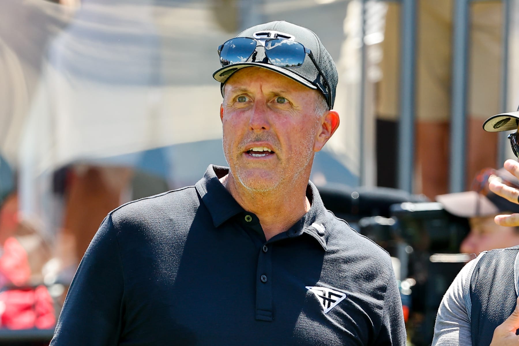 BEDMINSTER, NJ - AUGUST 13:  Phil Mickelson of HyFlyers GC at the first tee during the final round of LIV Golf Bedminster on August 13, 2023 at Trump National Golf Club in Bedminster, New Jersey.  (Photo by Rich Graessle/Icon Sportswire via Getty Images)