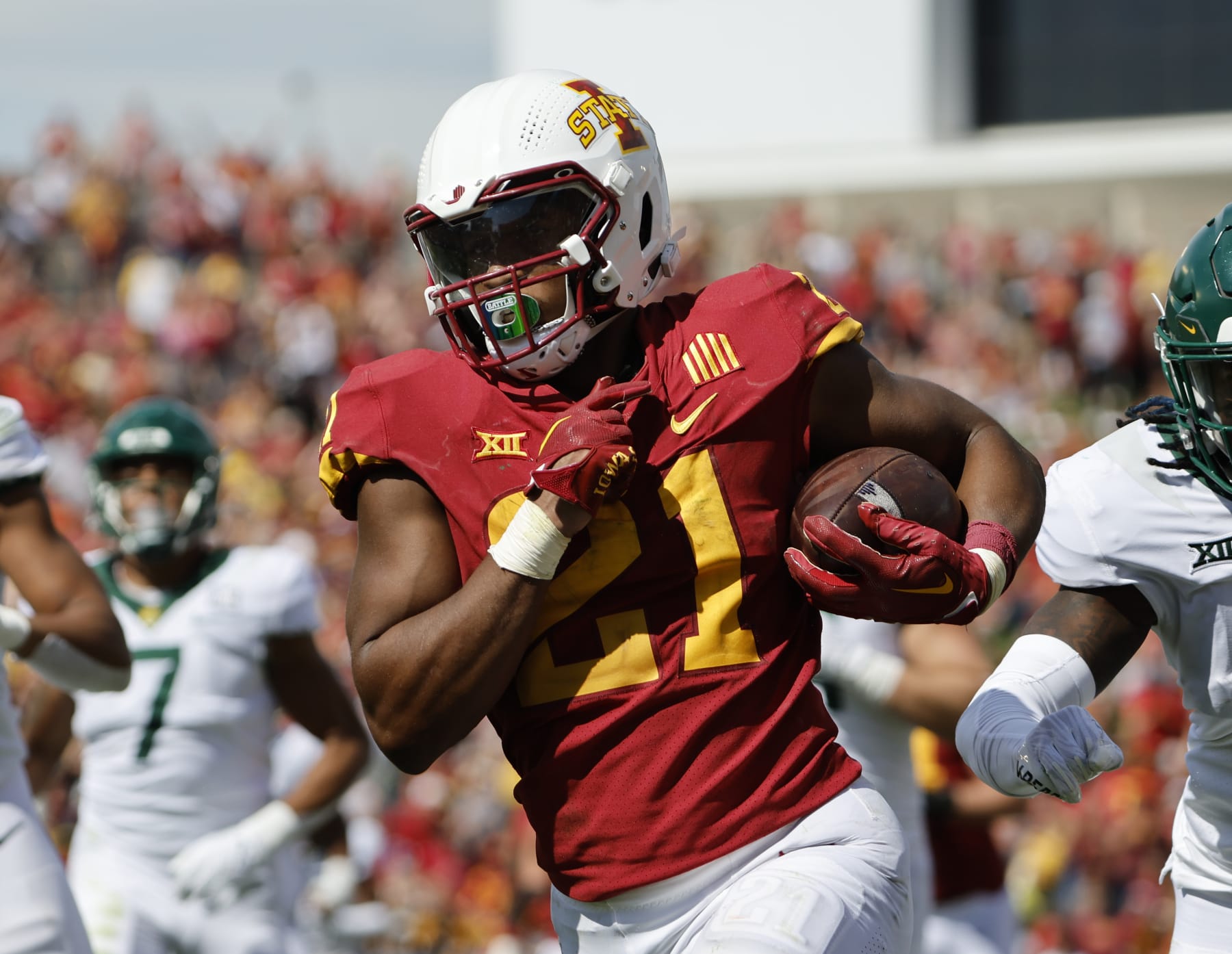 AMES, IA - SEPTEMBER 24:  Running back Jirehl Brock #21 of the Iowa State Cyclones rushes for yards in the second half of play at Jack Trice Stadium on September 24, 2022 in Ames, Iowa. The Baylor Bears won 31-24 over the Iowa State Cyclones. (Photo by David K Purdy/Getty Images)