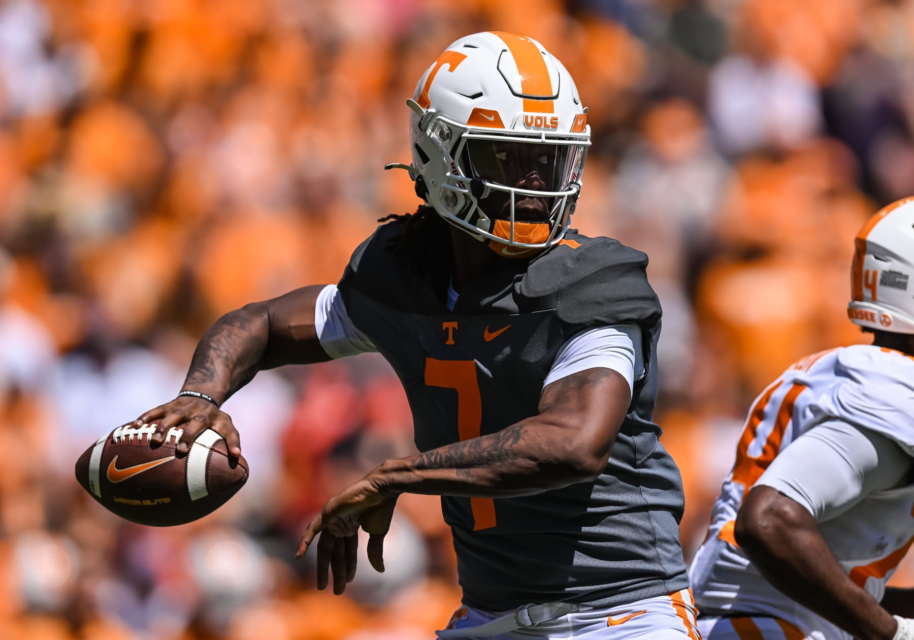KNOXVILLE, TN - APRIL 15: Tennessee Volunteers quarterback Joe Milton III (7) throws a pass during the Tennessee Volunteers spring game on April 15, 2023, at Neyland Stadium, in Knoxville, TN. (Photo by Bryan Lynn/Icon Sportswire via Getty Images) KNOXVILLE, TN - APRIL 15: Tennessee Volunteers quarterback Joe Milton III (7) throws a pass during the Tennessee Volunteers spring game on April 15, 2023, at Neyland Stadium, in Knoxville, TN. (Photo by Bryan Lynn/Icon Sportswire via Getty Images)