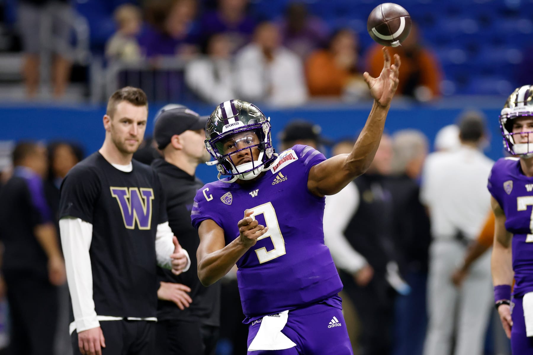 SAN ANTONIO, TEXAS - DECEMBER 29: Michael Penix Jr. #9 of the Washington Huskies warms up before the Valero Alamo Bowl against the Texas Longhorns at the Alamodome on December 29, 2022 in San Antonio, Texas. (Photo by Tim Warner/Getty Images) SAN ANTONIO, TEXAS - DECEMBER 29: Michael Penix Jr. #9 of the Washington Huskies warms up before the Valero Alamo Bowl against the Texas Longhorns at the Alamodome on December 29, 2022 in San Antonio, Texas. (Photo by Tim Warner/Getty Images)