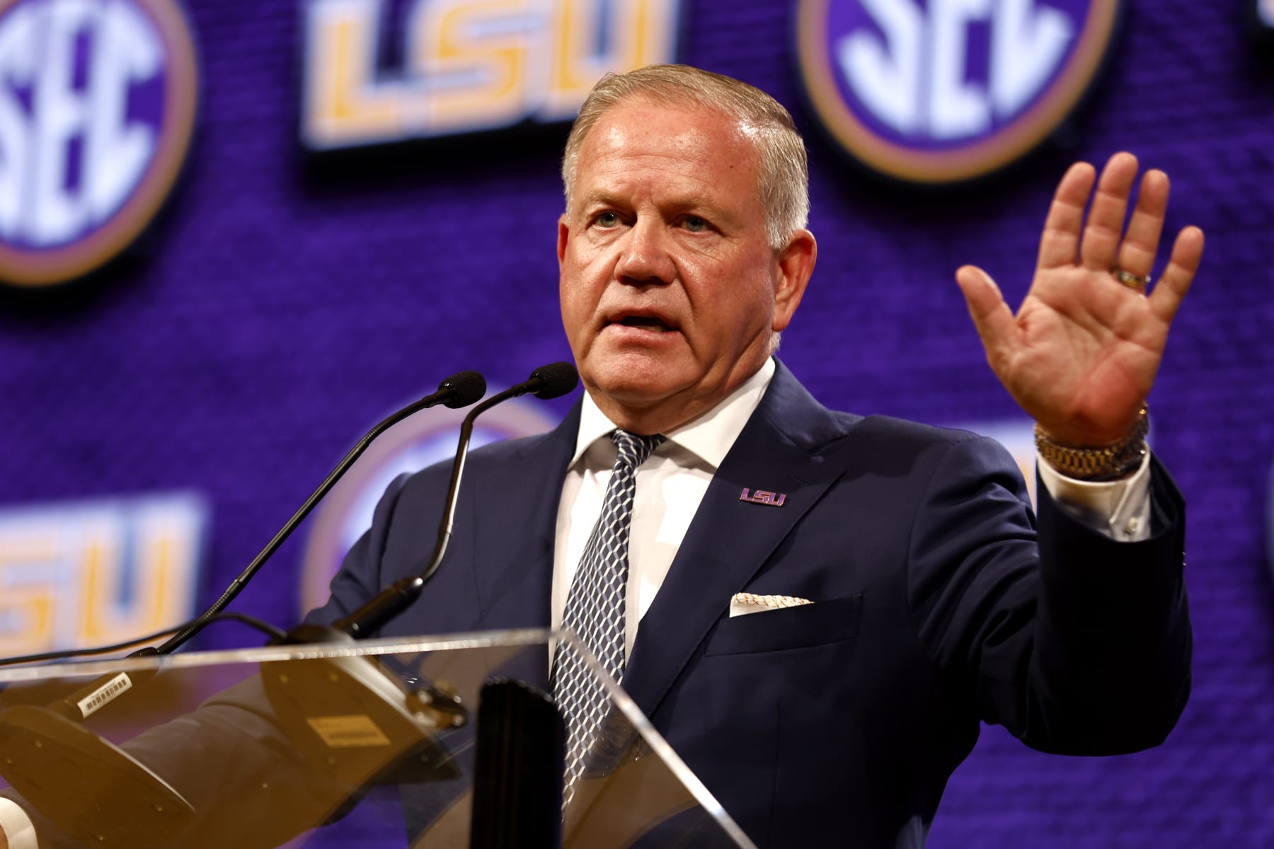 NASHVILLE, TENNESSEE - JULY 17: Head Coach Brian Kelly of the LSU Tigers speaks during Day 1 of 2023 SEC Media Days at Grand Hyatt Nashville on July 17, 2023 in Nashville, Tennessee. (Photo by Johnnie Izquierdo/Getty Images) NASHVILLE, TENNESSEE - JULY 17: Head Coach Brian Kelly of the LSU Tigers speaks during Day 1 of 2023 SEC Media Days at Grand Hyatt Nashville on July 17, 2023 in Nashville, Tennessee. (Photo by Johnnie Izquierdo/Getty Images)