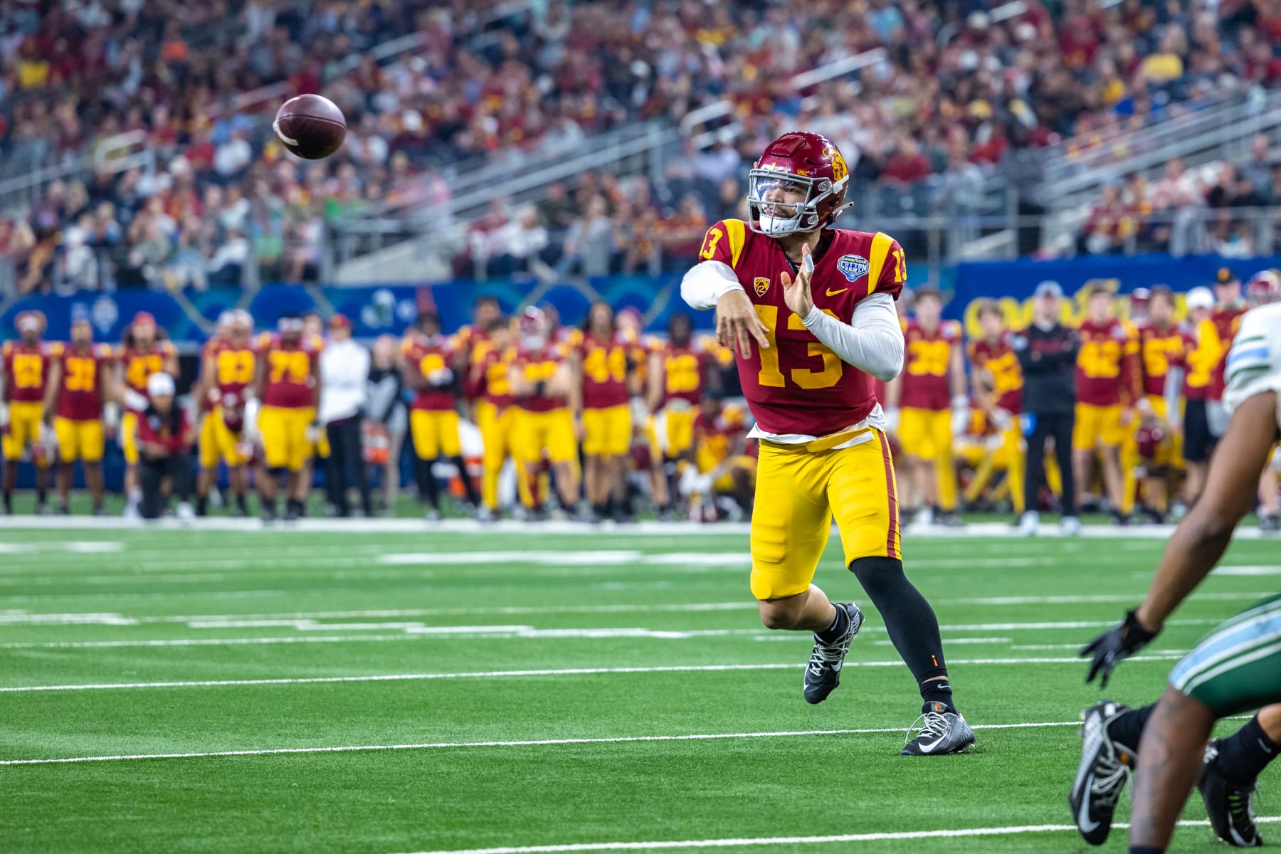 ARLINGTON, TX - JANUARY 02: USC Trojans quarterback Caleb Williams (#13) throws a pass during the Goodyear Cotton Bowl game between the USC Trojans and Tulane Green Wave on January 02, 2023 at AT&T Stadium in Arlington, TX. (Photo by Matthew Visinsky/Icon Sportswire via Getty Images) ARLINGTON, TX - JANUARY 02: USC Trojans quarterback Caleb Williams (#13) throws a pass during the Goodyear Cotton Bowl game between the USC Trojans and Tulane Green Wave on January 02, 2023 at AT&T Stadium in Arlington, TX. (Photo by Matthew Visinsky/Icon Sportswire via Getty Images)