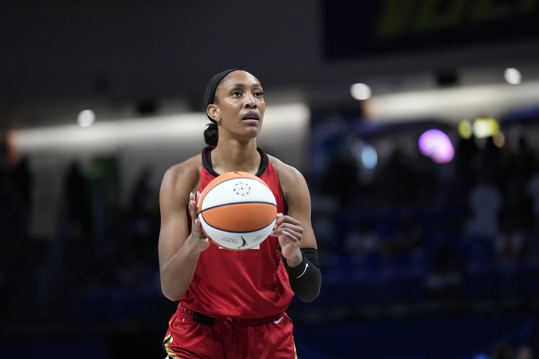 Las Vegas Aces' A'ja Wilson shoots free throws during a WNBA basketball game against the Dallas Wings, Tuesday, Aug. 8, 2023, in Arlington, Texas. (AP Photo/Tony Gutierrez) Las Vegas Aces' A'ja Wilson shoots free throws during a WNBA basketball game against the Dallas Wings, Tuesday, Aug. 8, 2023, in Arlington, Texas. (AP Photo/Tony Gutierrez)