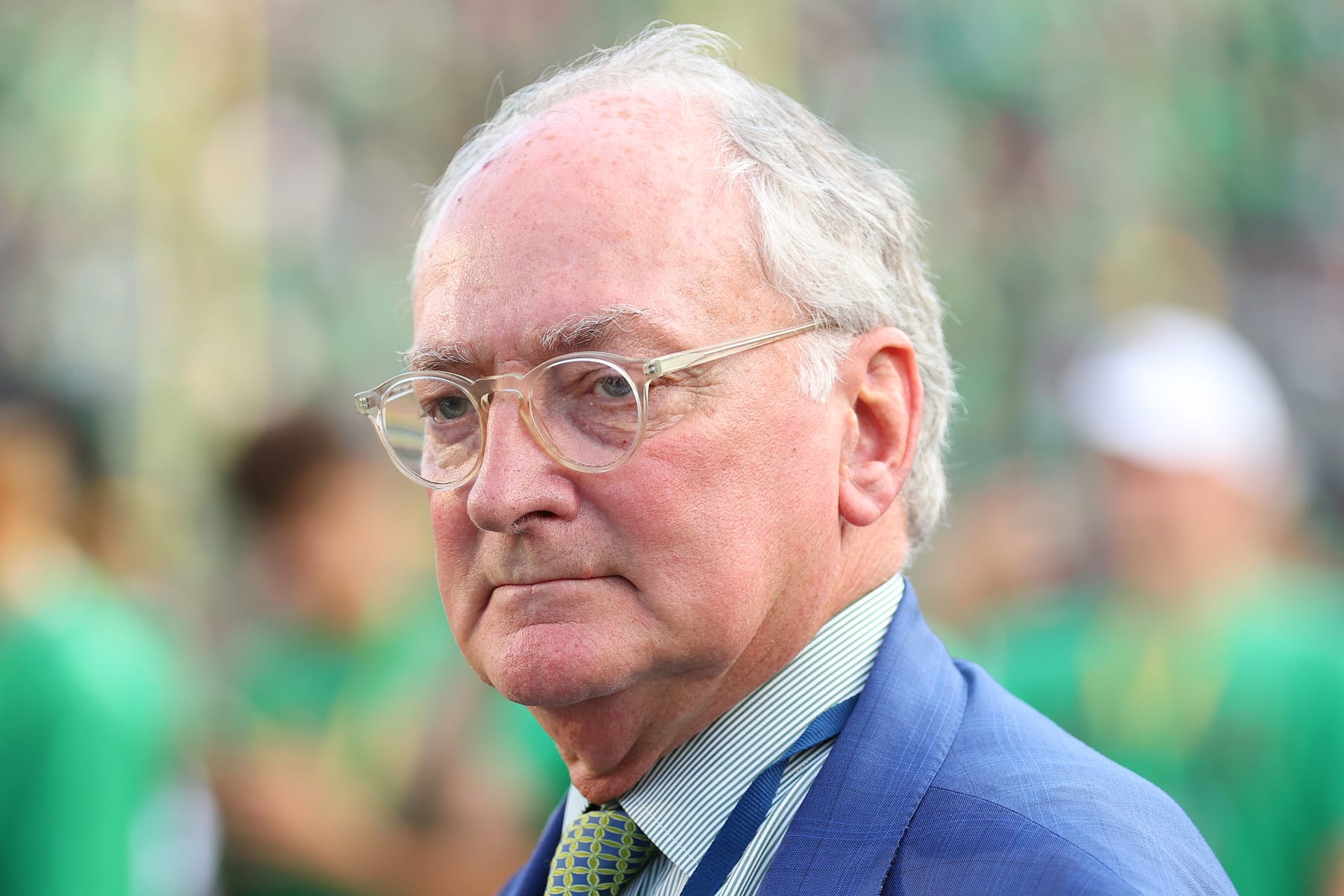 SOUTH BEND, INDIANA - SEPTEMBER 17: Athletic director Jack Swarbrick of the Notre Dame Fighting Irish looks on after the game between the Notre Dame Fighting Irish and the California Golden Bears at Notre Dame Stadium on September 17, 2022 in South Bend, Indiana. (Photo by Michael Reaves/Getty Images)