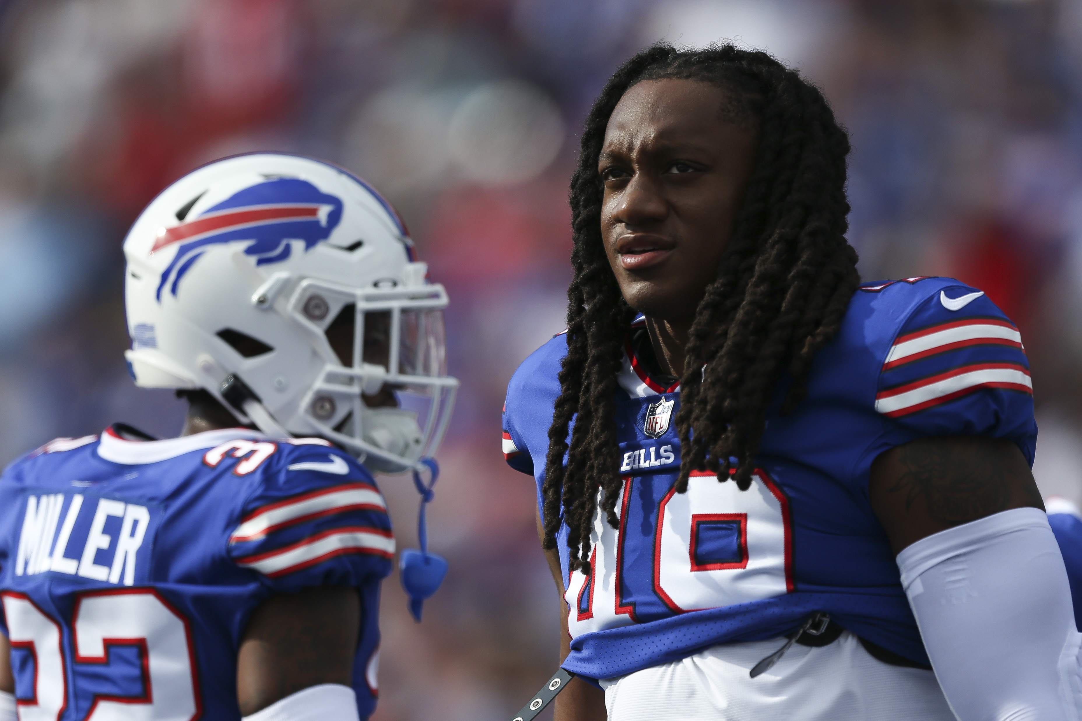 Buffalo Bills running back Damien Harris (22) walks off the field following  an NFL preseason football game against the Chicago Bears, Saturday,  Saturday, Aug. 26, 2023, in Chicago. (AP Photo/Kamil Krzaczynski Stock