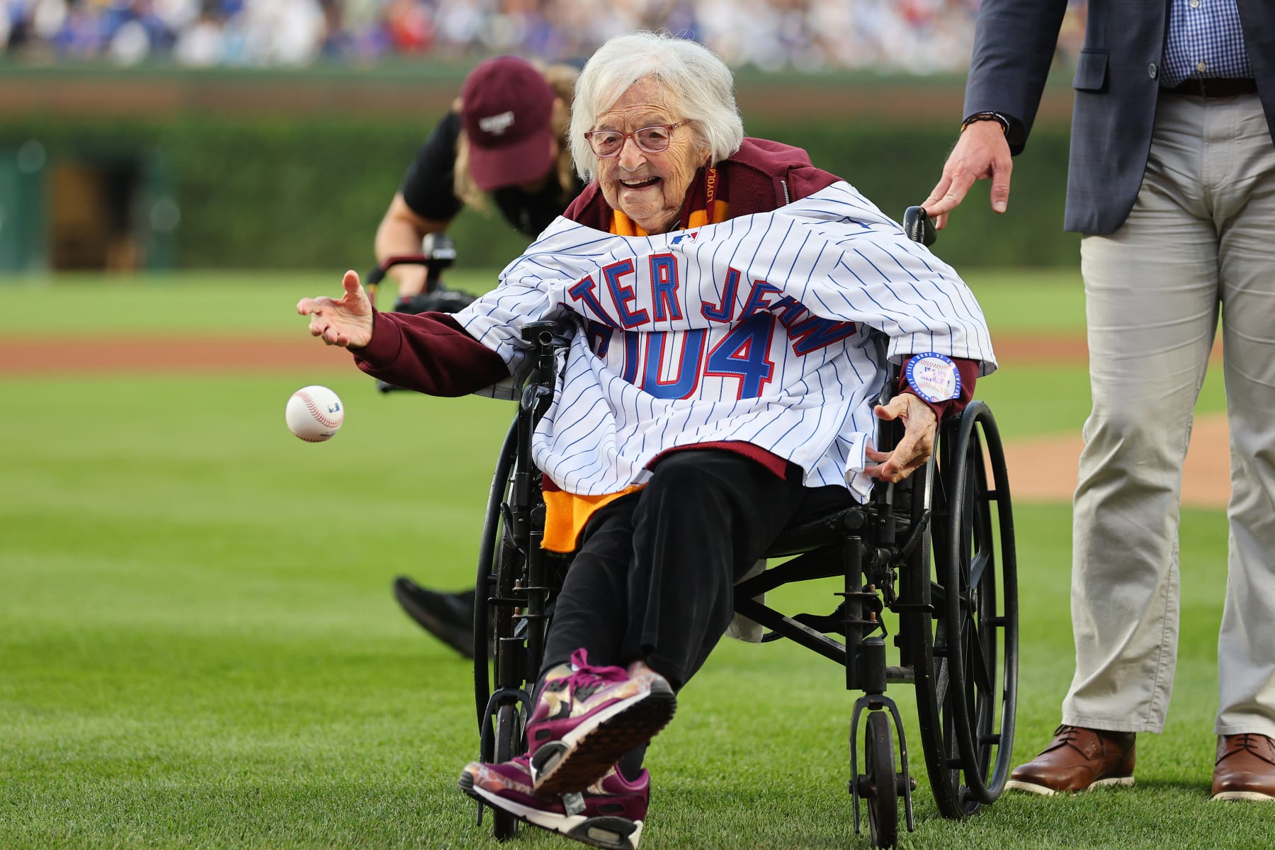 Sister Jean Throws a Ceremonial First Pitch, 103 years young. 💙 Sister  Jean joined us at Wrigley Field tonight to throw a ceremonial first pitch!, By Chicago Cubs