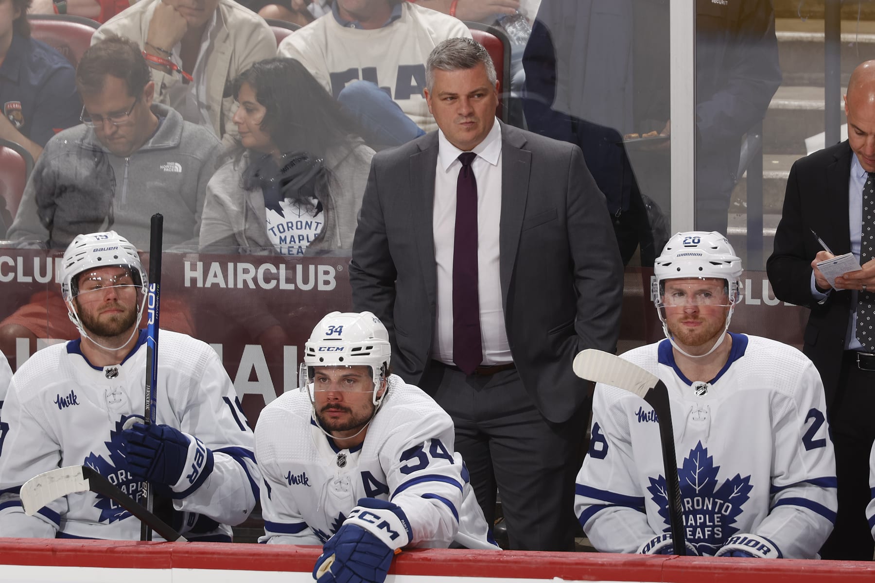 SUNRISE, FL - MAY 10: Head coach Sheldon Keefe of the Toronto Maple Leafs looks on during third-period action against the Florida Panthers in Game Four of the Second Round of the 2023 Stanley Cup Playoffs at the FLA Live Arena on May 10, 2023 in Sunrise, Florida. (Photo by Joel Auerbach/Getty Images)