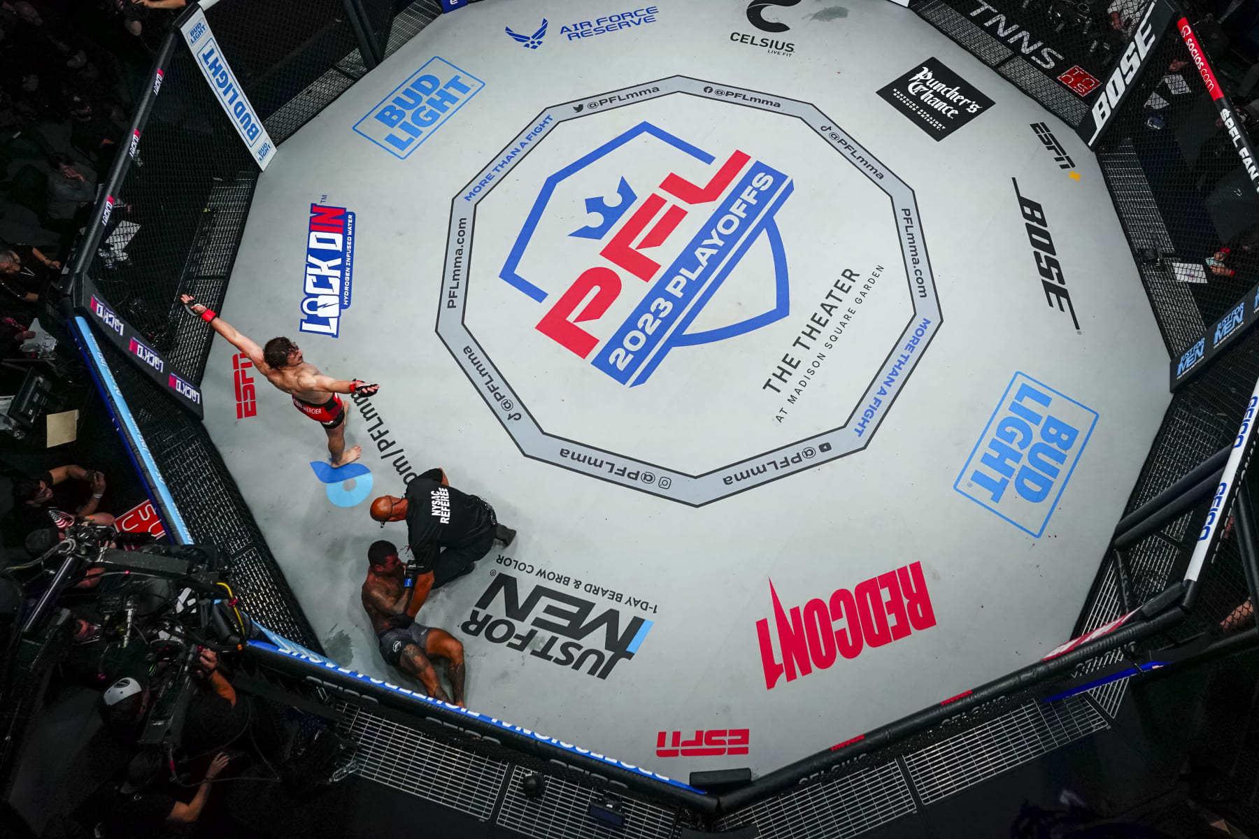 NEW YORK CITY, NY - AUGUST 23: Olivier Aubin-Mercier celebrates after defeating Bruno Miranda during PFL 2023 week 9 at The Theater at Madison Square Garden on August 23, 2023 in New York City. (Photo by Cooper Neill/Getty Images)