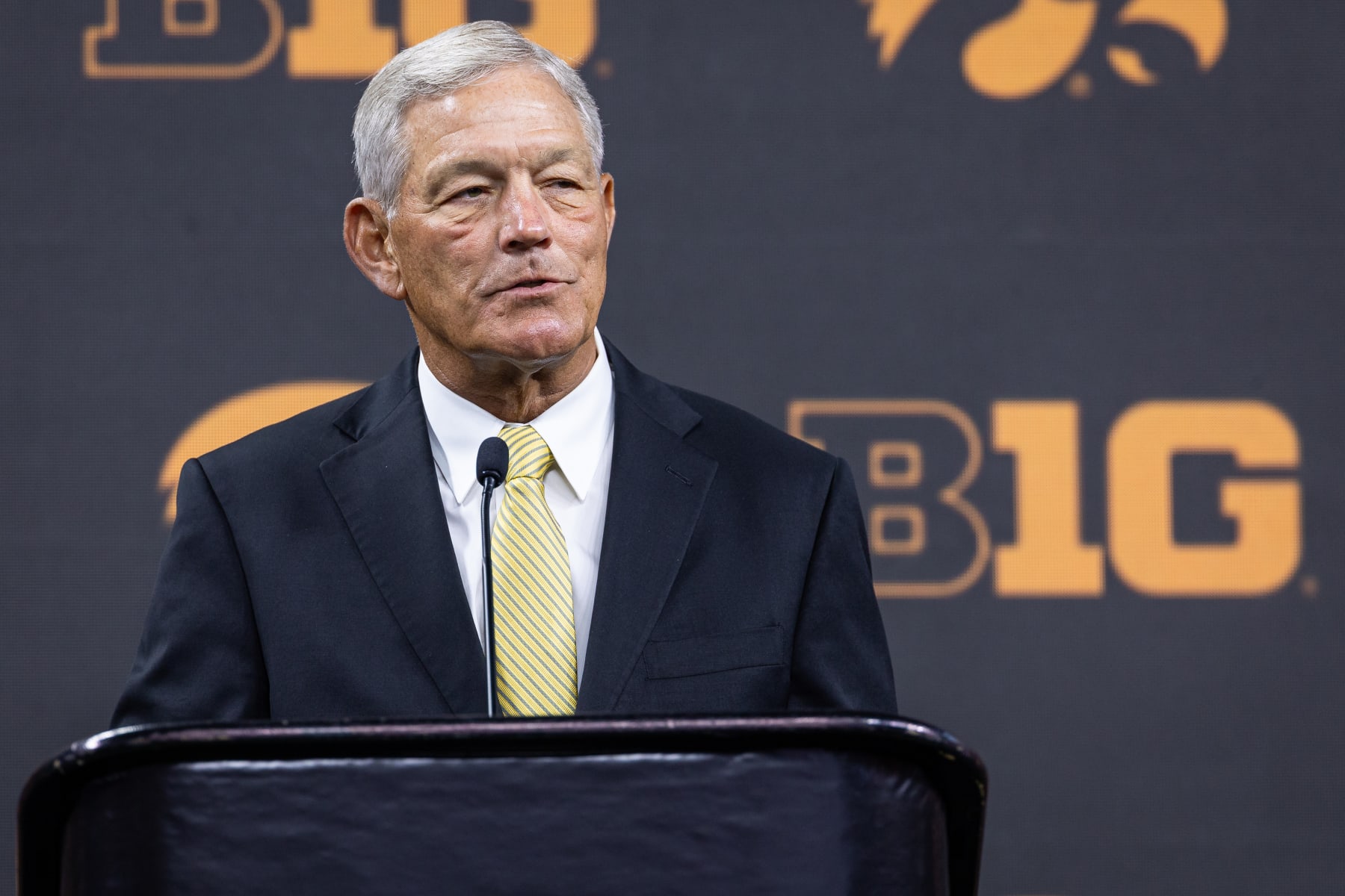 INDIANAPOLIS, INDIANA - JULY 26: Head  coach Kirk Ferentz of the Iowa Hawkeyes speaks at Big Ten football media days at Lucas Oil Stadium on July 26, 2023 in Indianapolis, Indiana. (Photo by Michael Hickey/Getty Images)