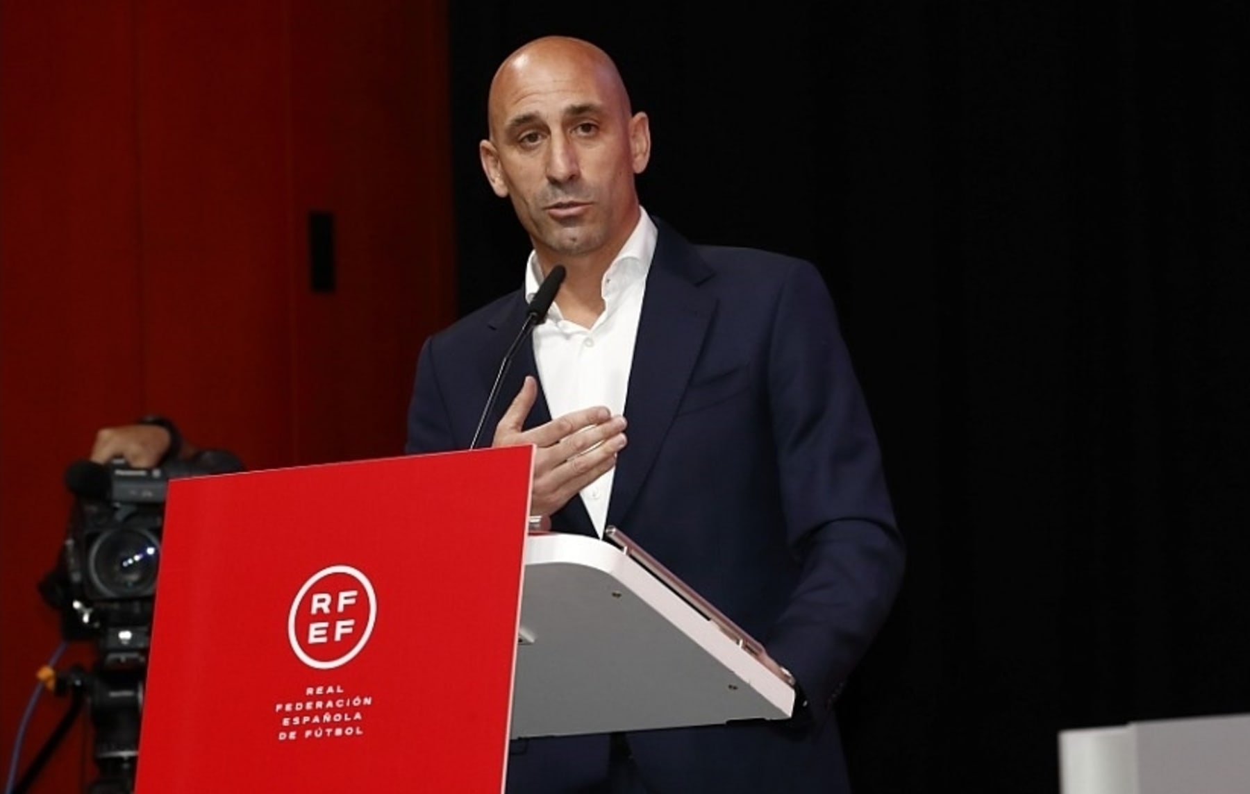 MADRID, SPAIN - AUGUST 25: (----EDITORIAL USE ONLY - MANDATORY CREDIT - 'ROYAL SPANISH FOOTBALL FEDERATION / HANDOUT' - NO MARKETING NO ADVERTISING CAMPAIGNS - DISTRIBUTED AS A SERVICE TO CLIENTS----) Luis Rubiales, President of the Spanish Football Federation (RFEF), speaks during the extraordinary meeting of the General Assembly of the Spanish Football Federation in Madrid, Spain on August 25, 2023. In a shocking speech on Friday, the president of Spain's football federation refused to quit for kissing a female player while celebrating the World Cup victory. Luis Rubiales was widely expected to step down during an emergency meeting of Spain's football federation. Instead, he insisted he was the victim of the witch-hunt, gave lessons about "real feminism," and vowed to take legal action against Spanish politicians for accusing him of misconduct. (Photo by Royal Spanish Football Federation / Handout/Anadolu Agency via Getty Images)