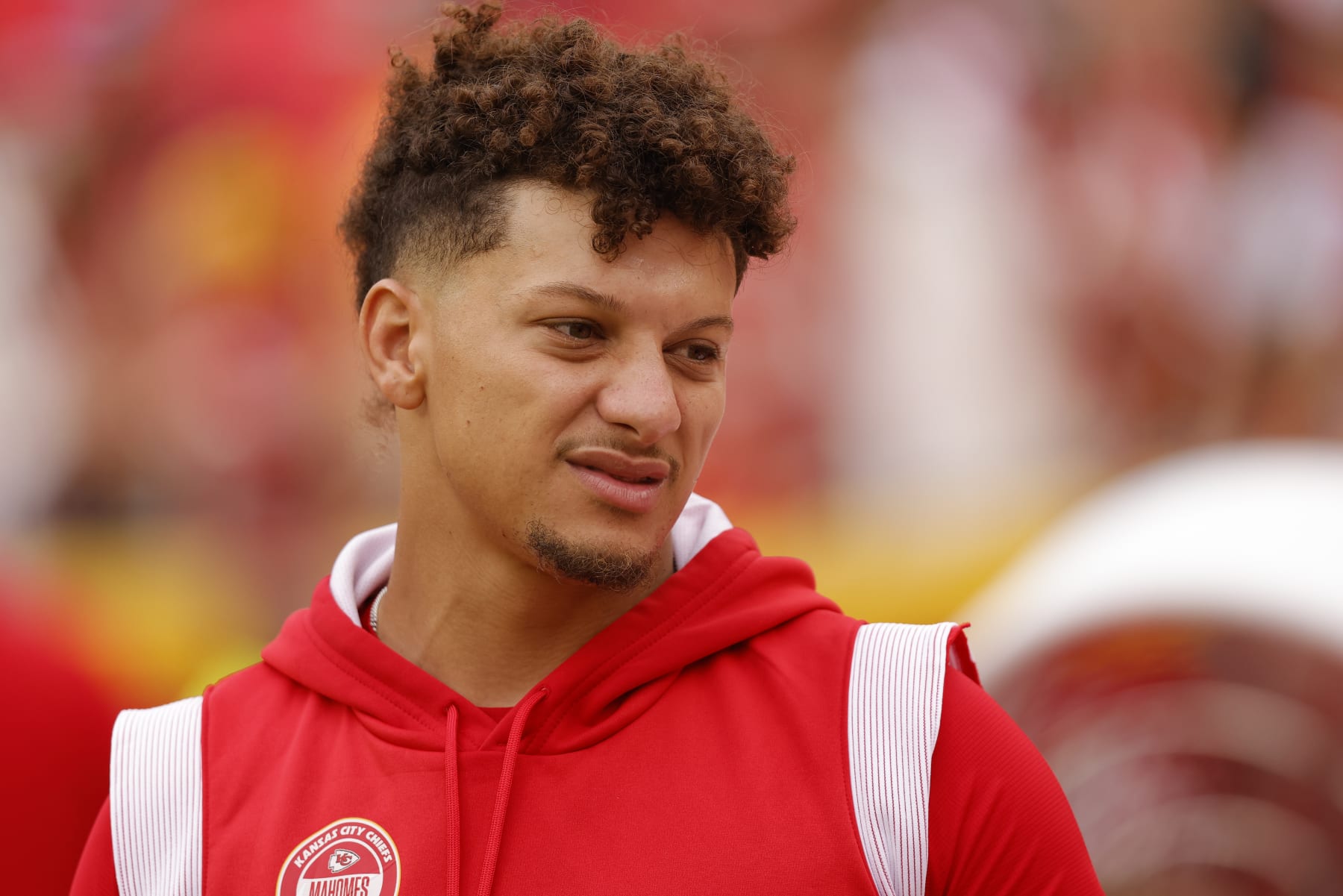 KANSAS CITY, MISSOURI - AUGUST 26: Patrick Mahomes #15 of the Kansas City Chiefs walks the sidelines prior to the preseason game against the Cleveland Browns at GEHA Field at Arrowhead Stadium on August 26, 2023 in Kansas City, Missouri. (Photo by David Eulitt/Getty Images)